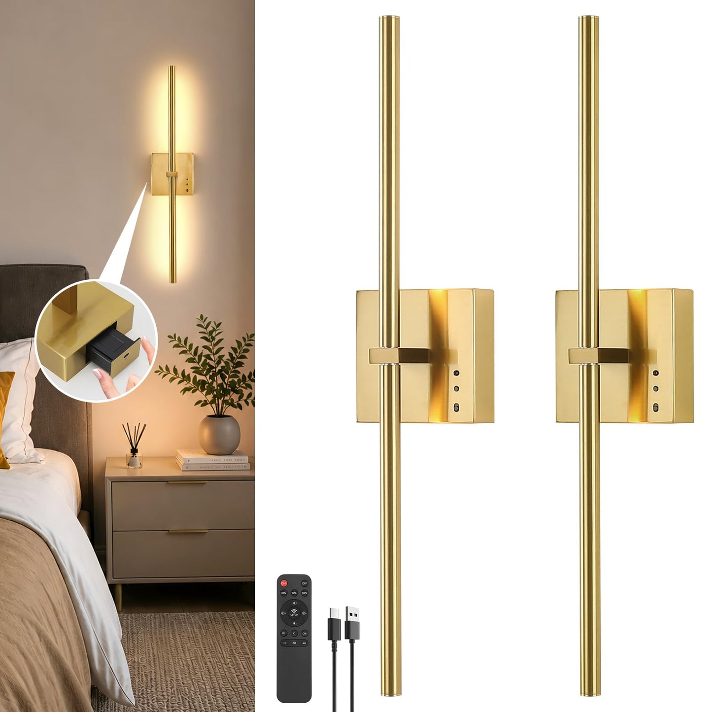 JUSHENG 5000mAh Battery Operated Wall Sconce, 3000K/4000K/6000K Dimmable Brass Cordless Rechargeable Wall Sconces Set of Two with Timer Function