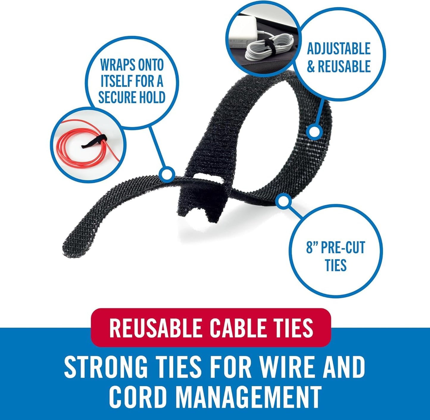 VELCRO Brand ONE-WRAP Cable Ties, Strong Construction Narrow Width 1/4 in x 8 in Pre-Cut Ties, 25ct, Black For Cable, Wire and Cord Management