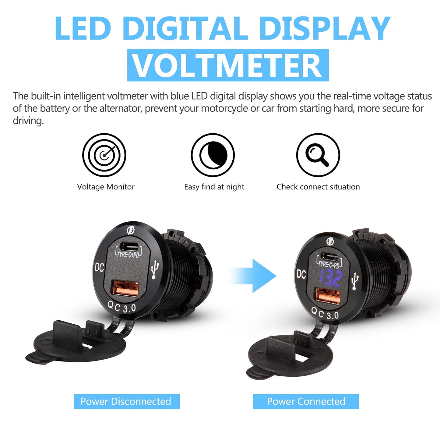 BUNKER INDUST Car Charger Socket Quick Charge 3.0QC,Dual Port USB Type C Outlet with Blue LED Digital Voltmeter,Aluminum Power Adapter 12V/24V