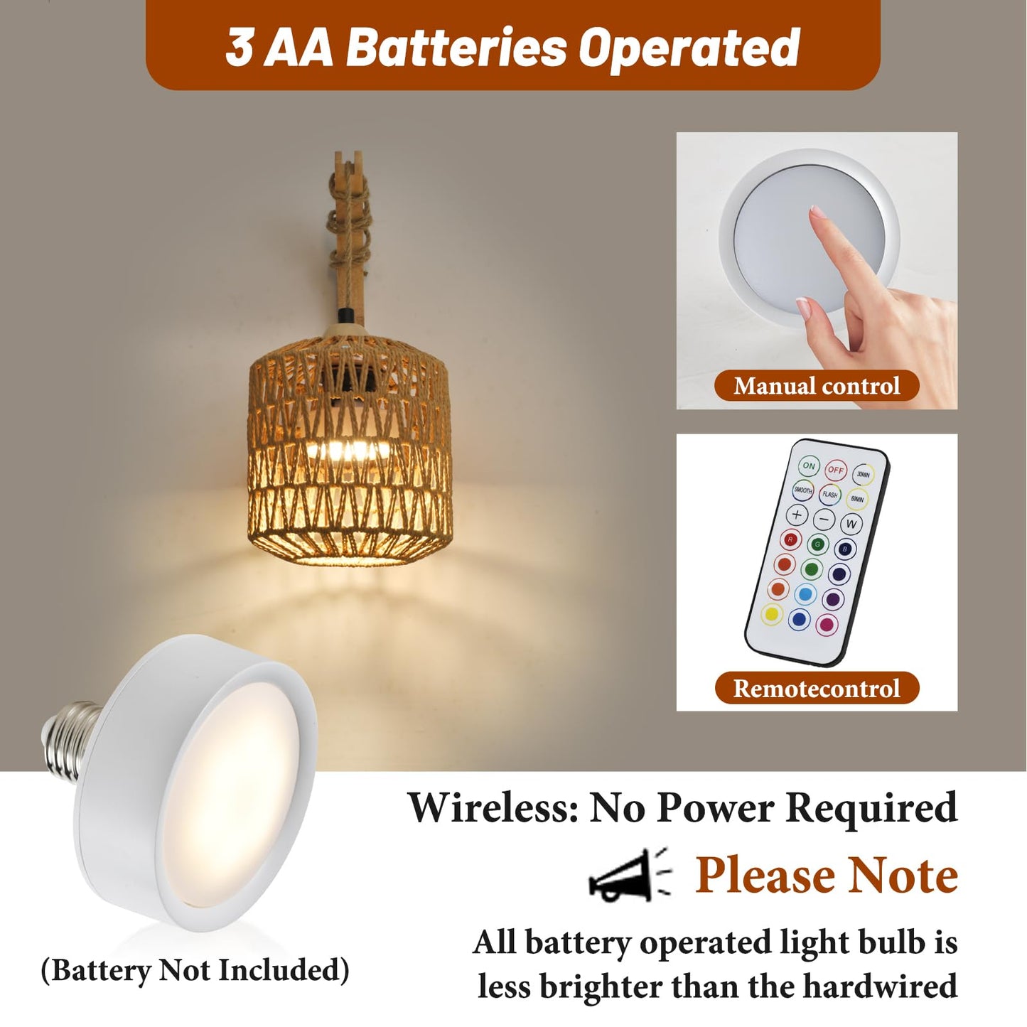 NOVCAND Boho Battery Operated Wall Sconce Set of Two, Rattan Cordless Wall Lamp with Remote,Wireless Sconces Set of 2 for Bedroom,Living Room,Entryway