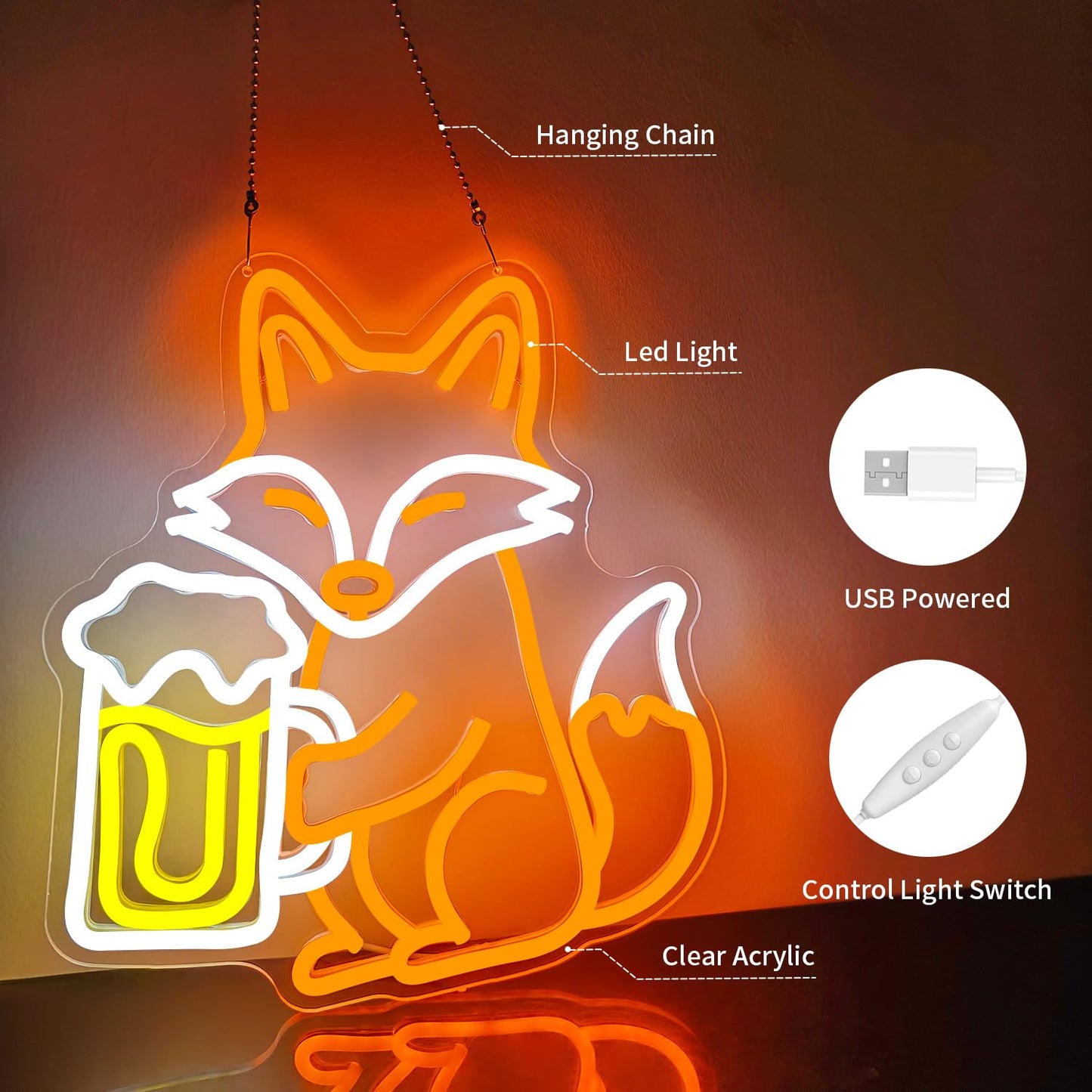 Fox Neon Sign for Wall Decor Dimmable LED Sign Fox Night Light for Bedroom Bar Decor Gifts for Women