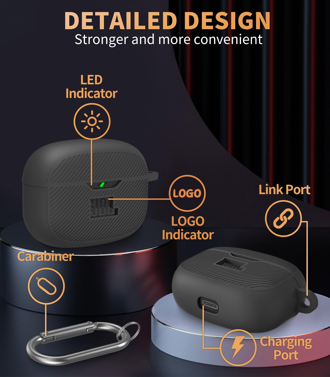 WADVCU Case Cover for JBL Vibe 200TWS & Beam, Silicone Protective Anti-Scratch Shock Resistant Logo Visible Cover, Compatible Devices, Carabiner-Black