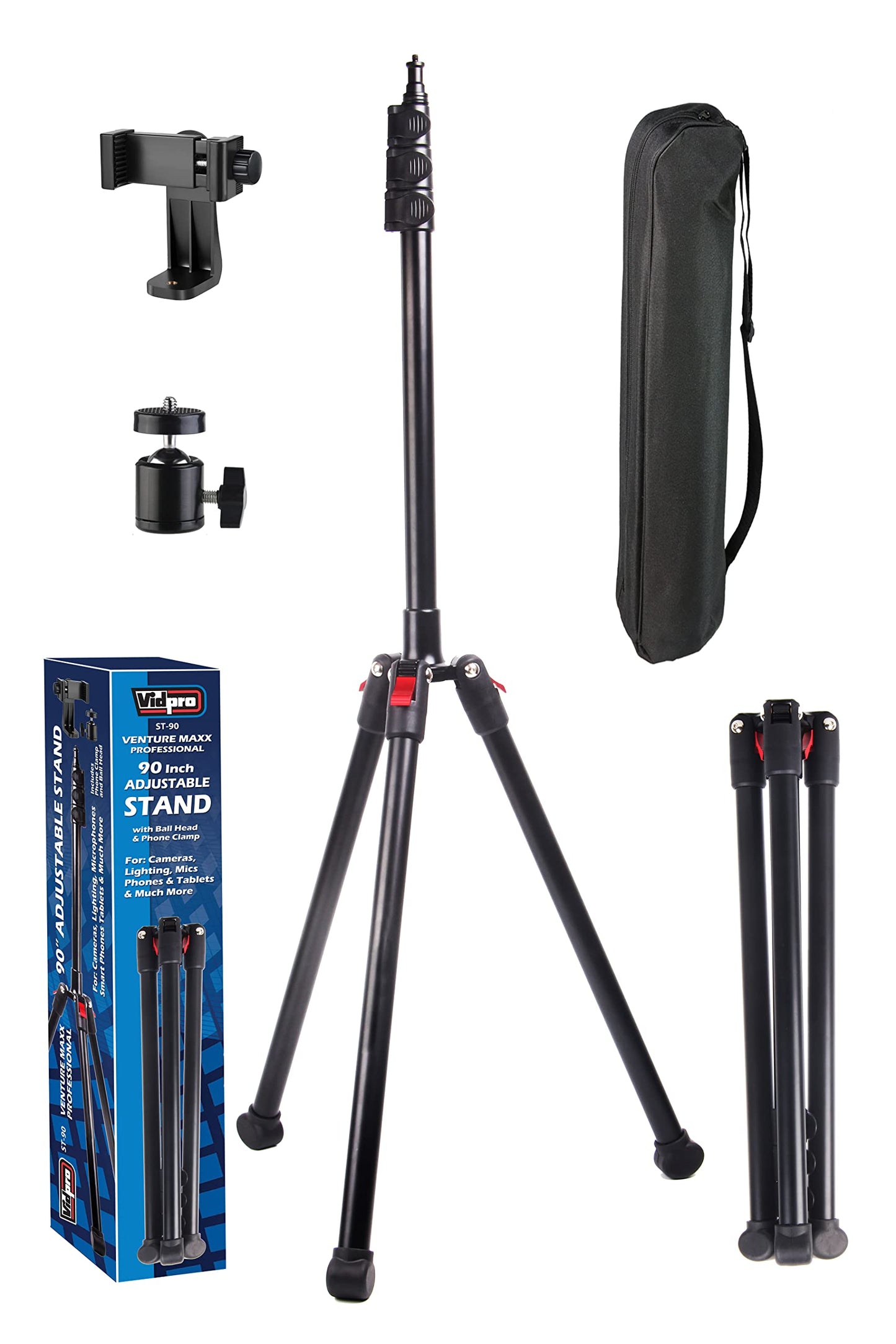 Vidpro ST-90 VentureMaxx Professional 90-Inch Adjustable Stand - Lightweight Tripod Compatible with Cameras Camcorders Smartphones Ring Lights