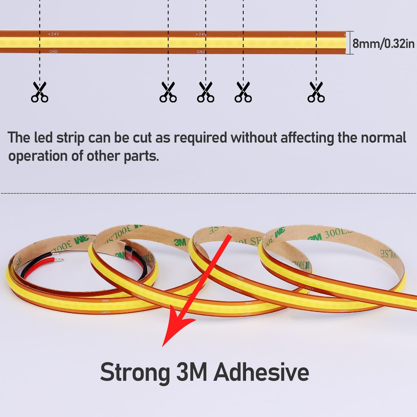 GOMING 24V COB LED Strip Light Warm White 3000K Cut at Will 2640LEDs 16.4ft(5M) CRI 93+ 4600lm 13W/M Uniform Glow IP20 Not Waterproof LED Tape Lights