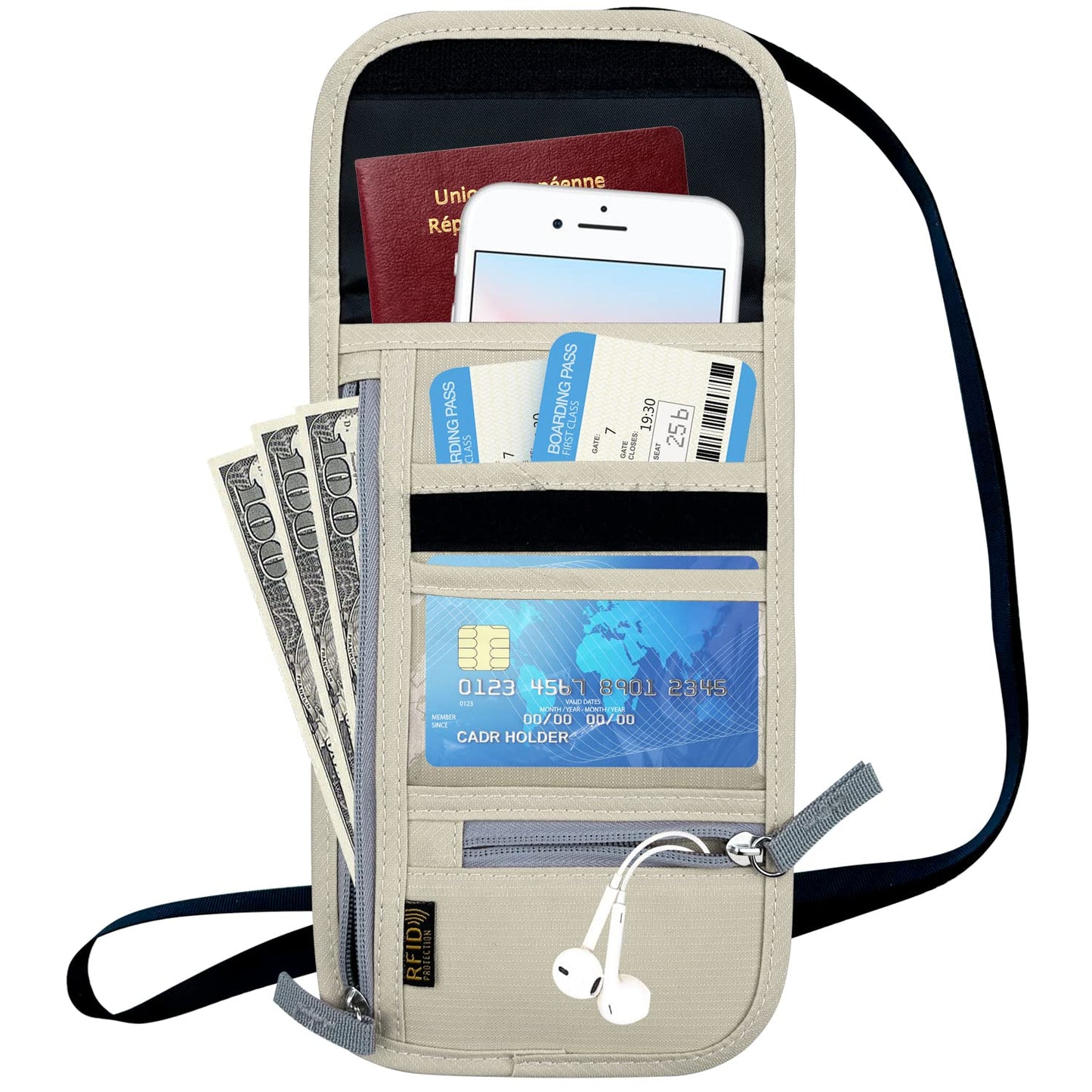 Travel Neck Wallet – RFID Blocking Passport Holder with Adjustable Strap for Men & Women, Secure Cash, Cards & Travel Documents, Beige
