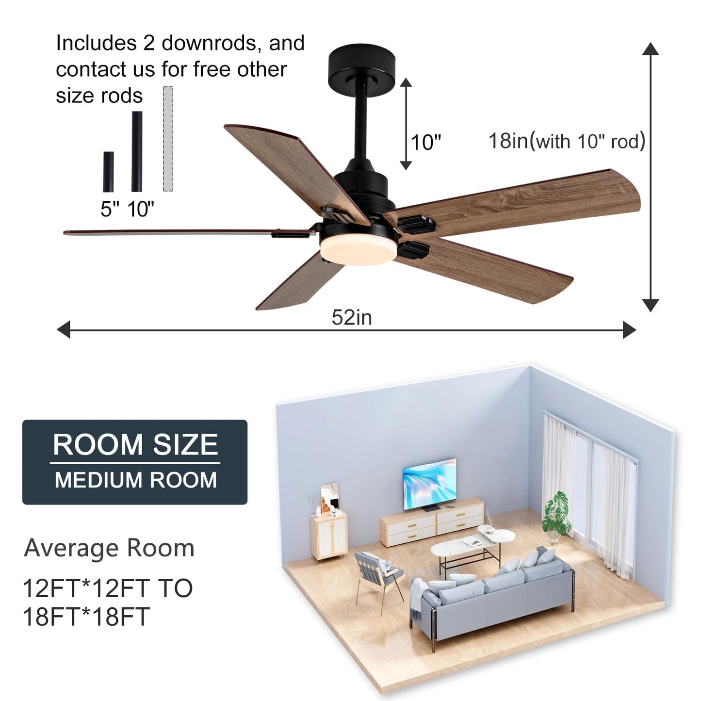 BOOMJOY 52 Inch Black Outdoor Ceiling Fans with Lights and Remote, Dimmable 5 Blade Outdoor Ceiling Fans for Patios, Modern Ceiling Fan with Light
