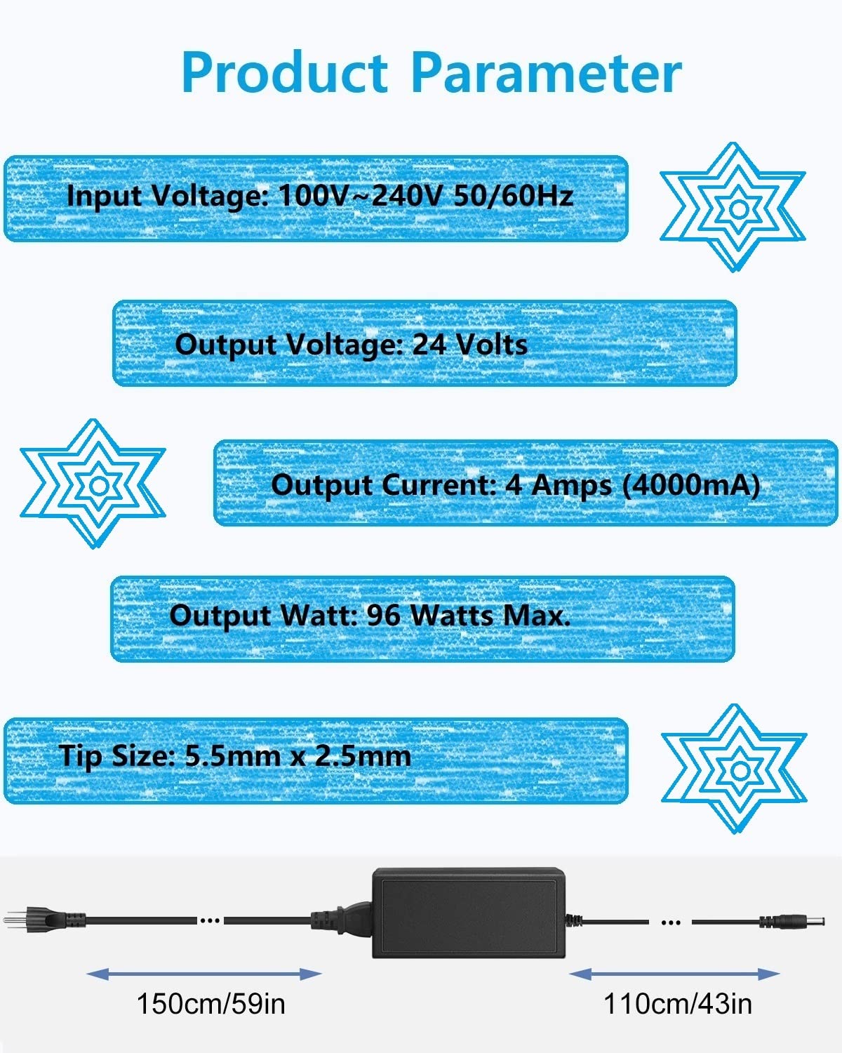 24V DC Power Supply 4A Universal AC Adapter, 100-240 50/60Hz Adapter to 24 Volts 4Amp Transformer, DC 24V Power Cord, 5.5mm x 2.5mm Plug