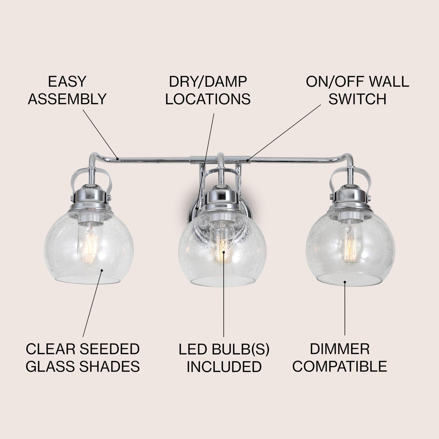 JONATHAN Y 24" Chrome Shirley 3-Light Bathroom Vanity Light, Metal Wall Sconce, Clear Seeded Glass Shade, Modern Transitional Farmhouse Fixture, LED