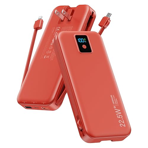 Portable Charger, 12000mAh 22.5W Fast Charging Power Bank with Built-in Cables & Wall Plug, Travel Essentials Battery Pack with LED Display, USB C