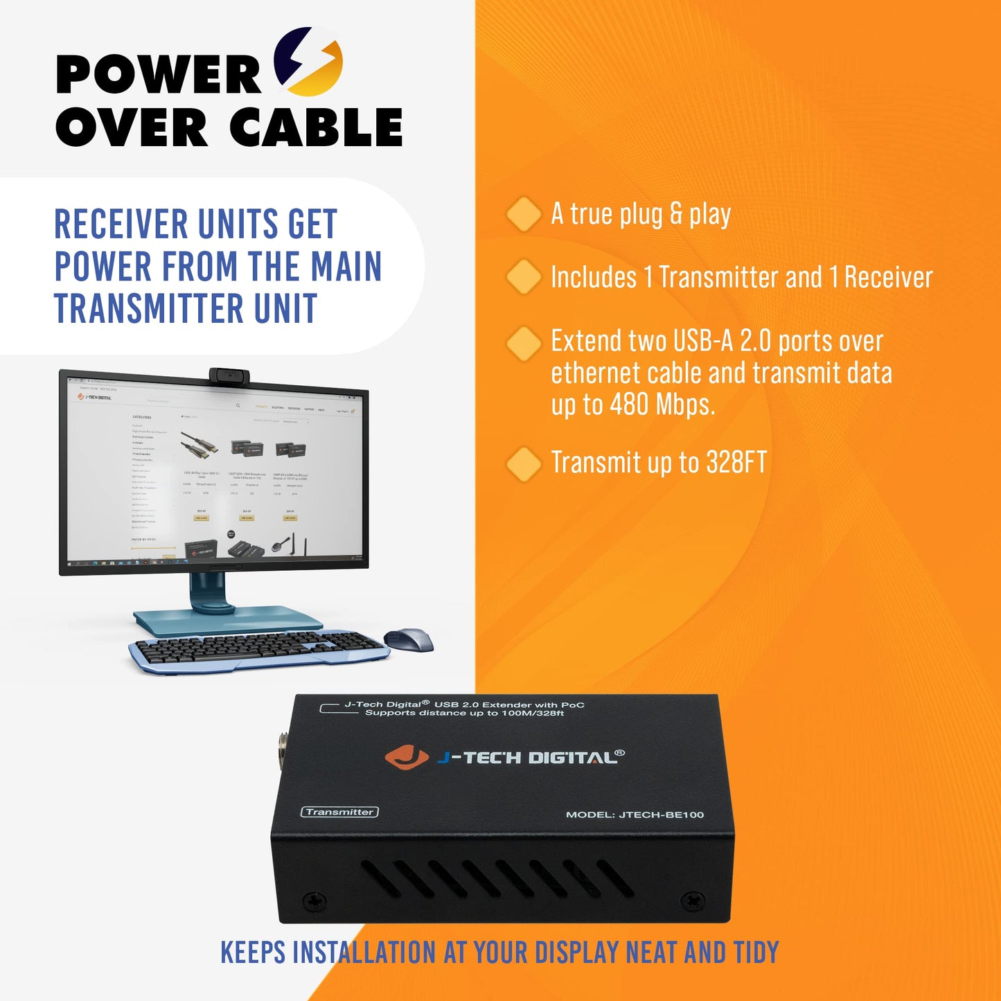 J-Tech Digital USB Over Ethernet Extender USB Balun Over cat5e cat6 99m/328ft PoC, Play and Plug, No Driver Needed, USB2.0 for Game Controller, MAC