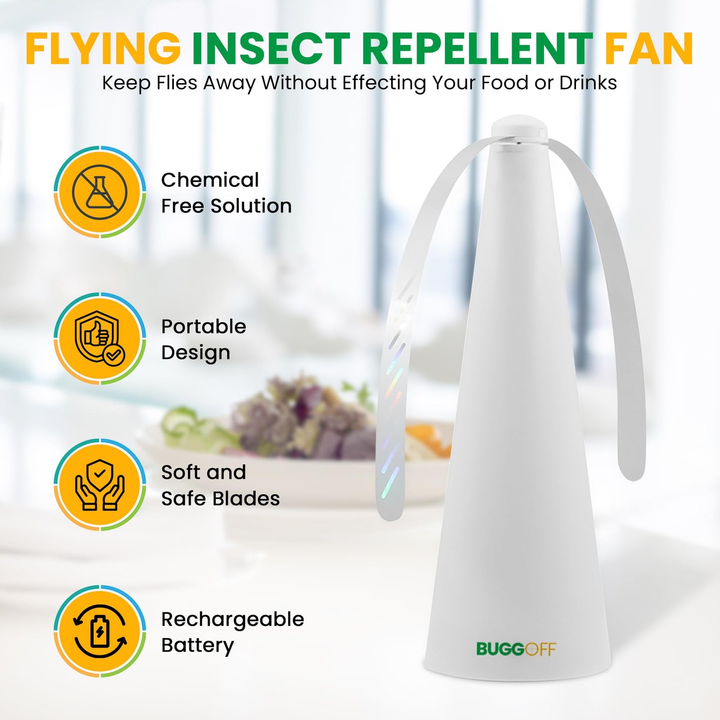 BUGGOFF White Fly & Flying Insect Repellent Fan with Twin Blades, Table top & Hangable, Battery Powered or 5V Plug in, Batteries NOT Included. Safe