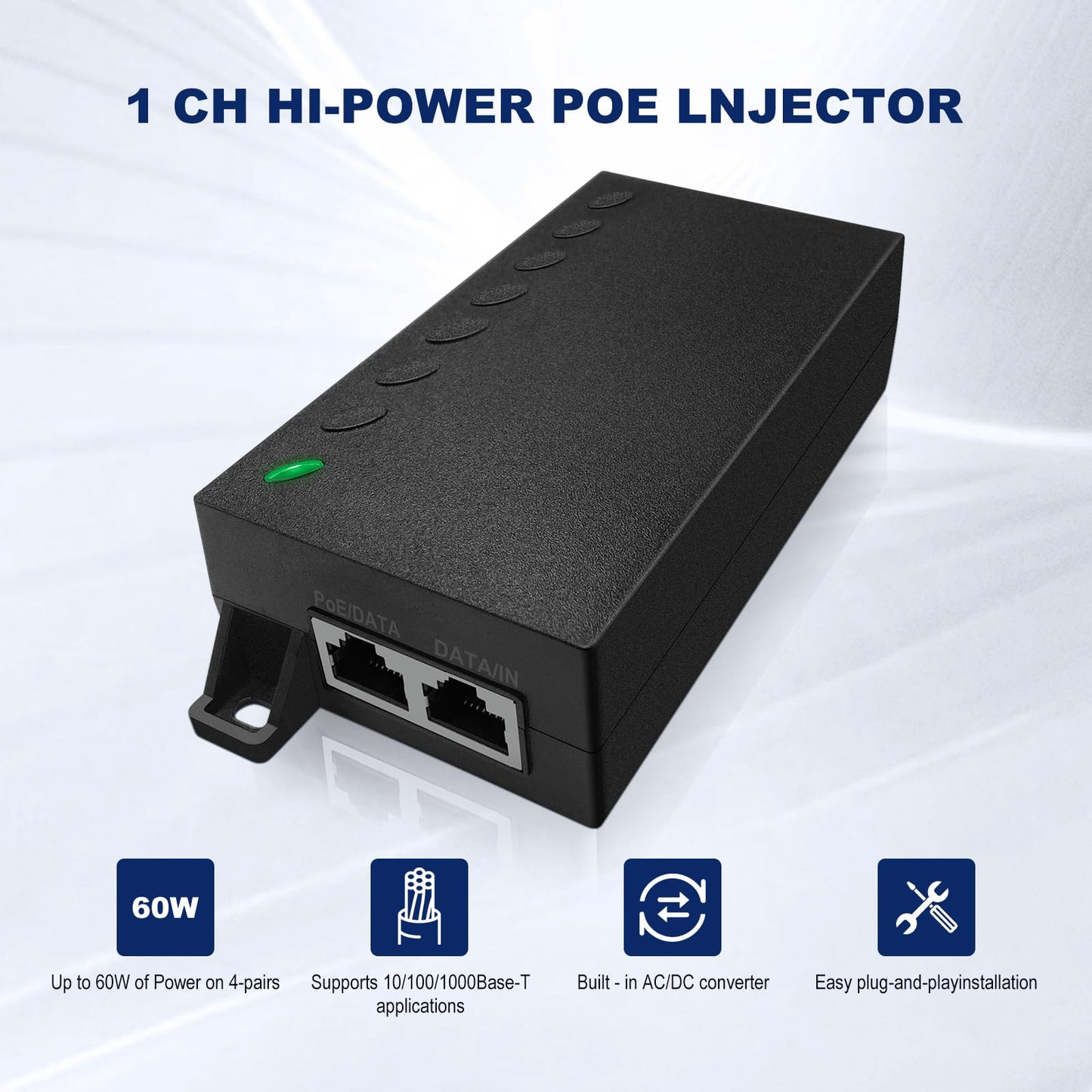 POE60 60W Gigabit Ultra PoE++ Injector, Up to 60W Ultra Power Supply, 10/100/1000Mbps Shielded RJ-45, IEEE 802.3af/802.3at /802.3btCompliant, Support