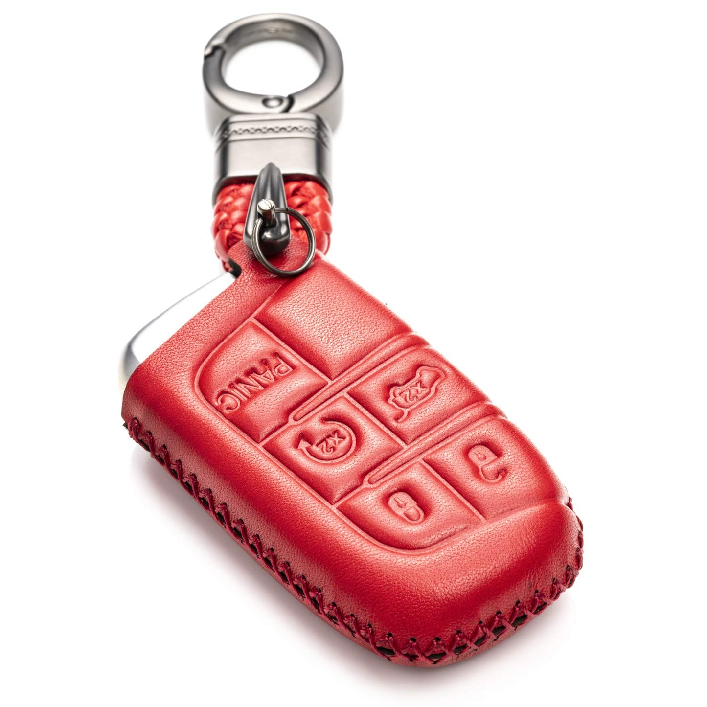 Vitodeco Genuine Leather Smart Key Keyless Remote Entry Fob Case Cover Compatible for Jeep, Dodge, Chrysler (2014 - 2022 Models) - 3 to 5 Buttons, Red