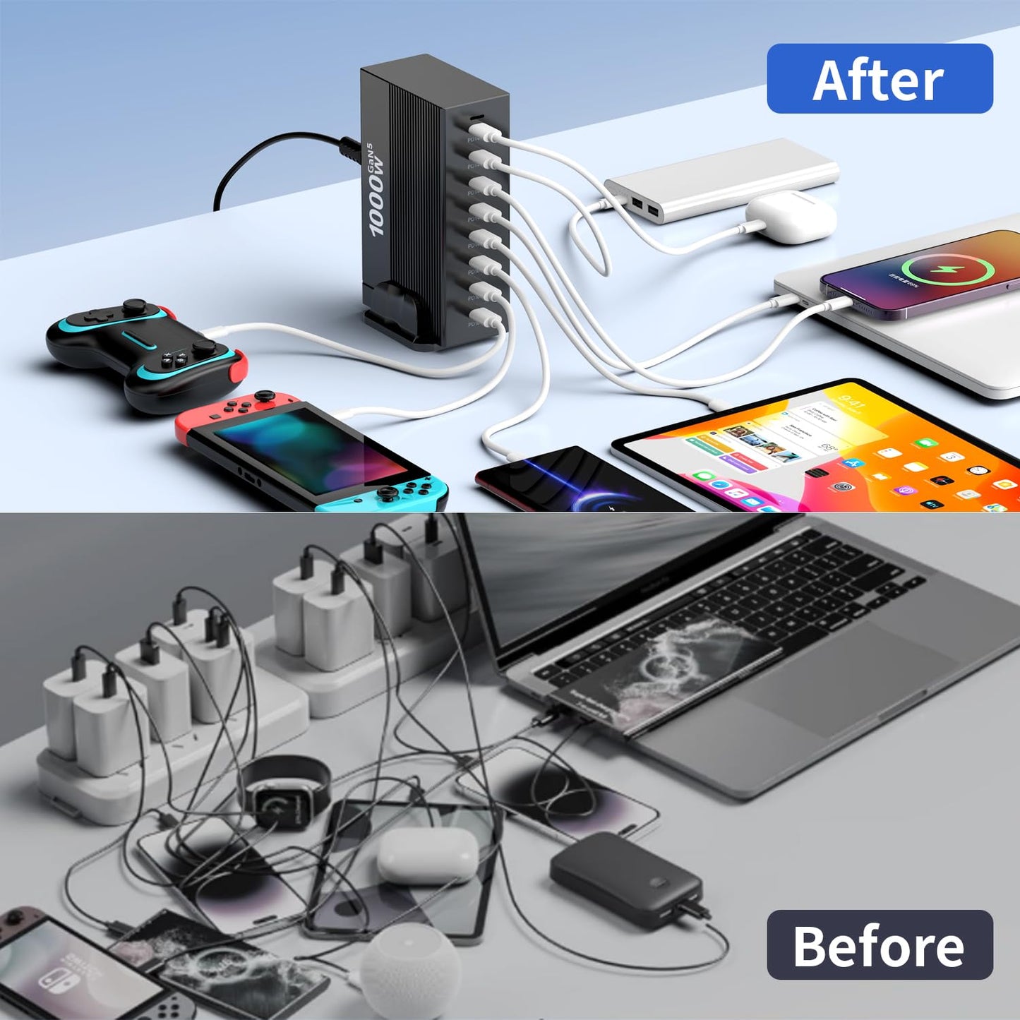1000W 8-Port GaN5 Desktop Charging Station, High-Power USB Charging Hub with 5X 140W and 3X 100W PD Ports, Fast Charger for Laptops, Tablets,