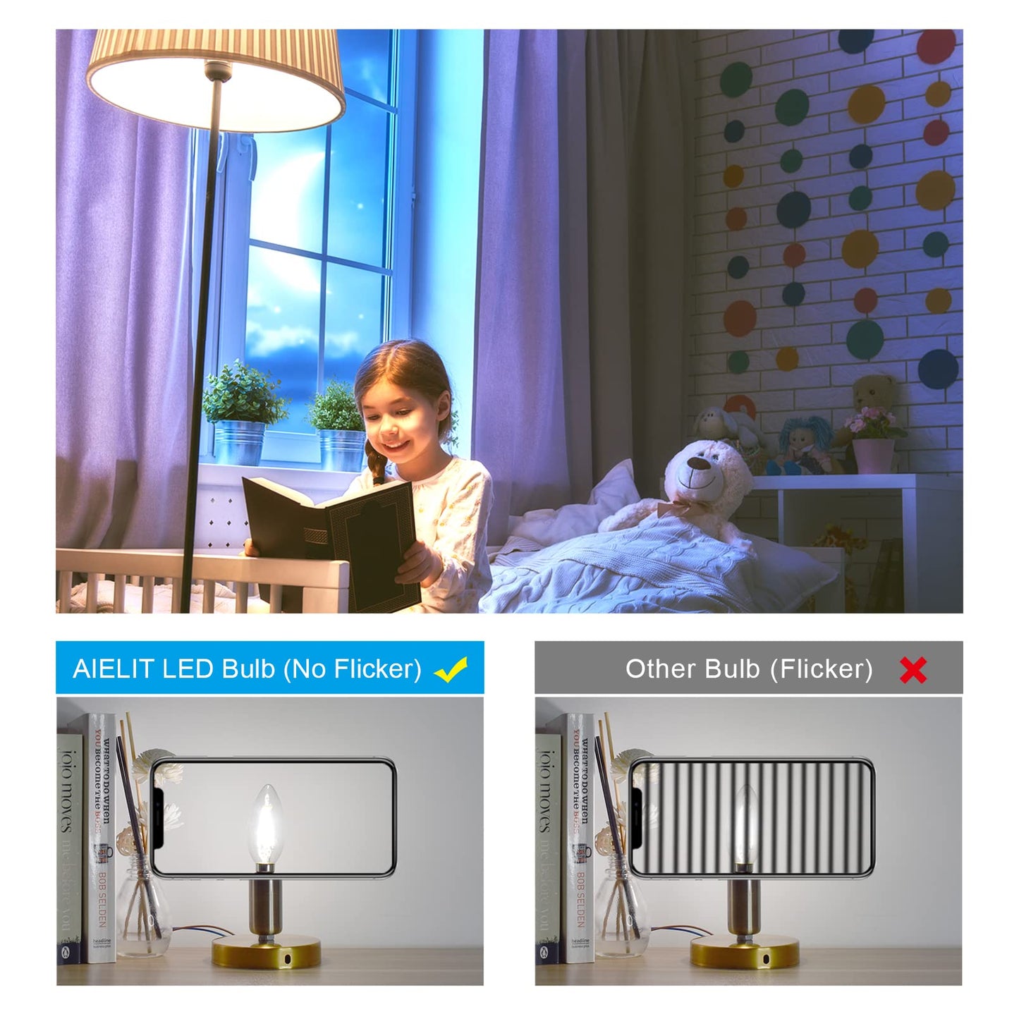 AIELIT B11 E12 LED Candelabra Bulb 25-Watt Equivalent, 5000K Daylight White, 200 Lumens, Dimmable Chandelier Light Bulb, Clear Glass, 2W Candle LED