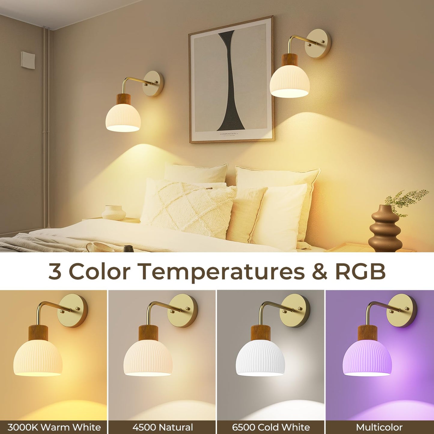 PRTILOUD Glass Battery Operated Wall Sconces Set of 2, Rechargeable Wall Lamp with Remote, 12 Colors Dimmable Wireless Sconces Wall Decor Set of 2