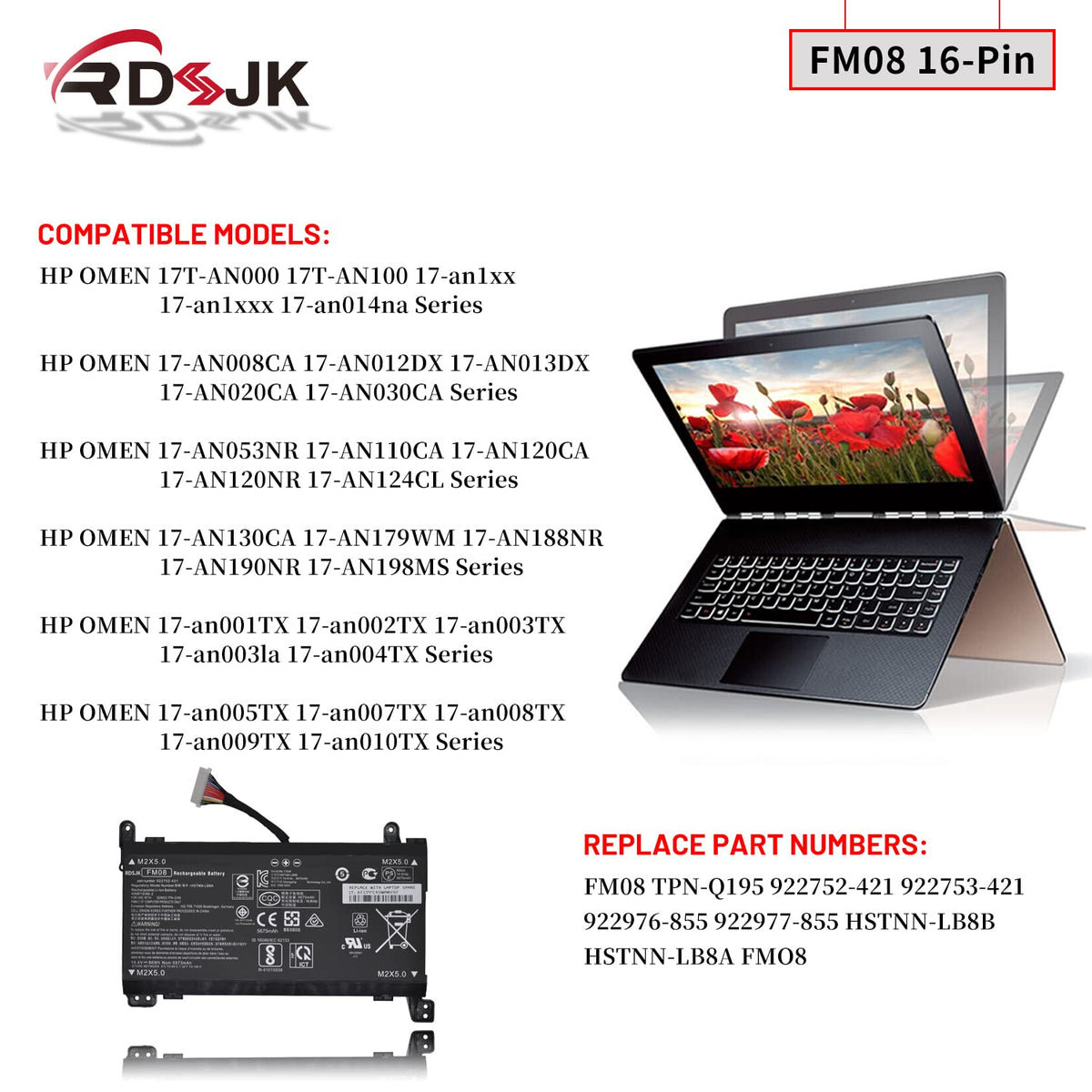 FM08 Laptop Battery for HP Omen 17-AN008CA 17-AN013TX 17-AN014TX 17-AN014NG 17-AN020CA 17-AN030CA 17-AN124CL HSTNN-LB8B 922752-421 922753-421
