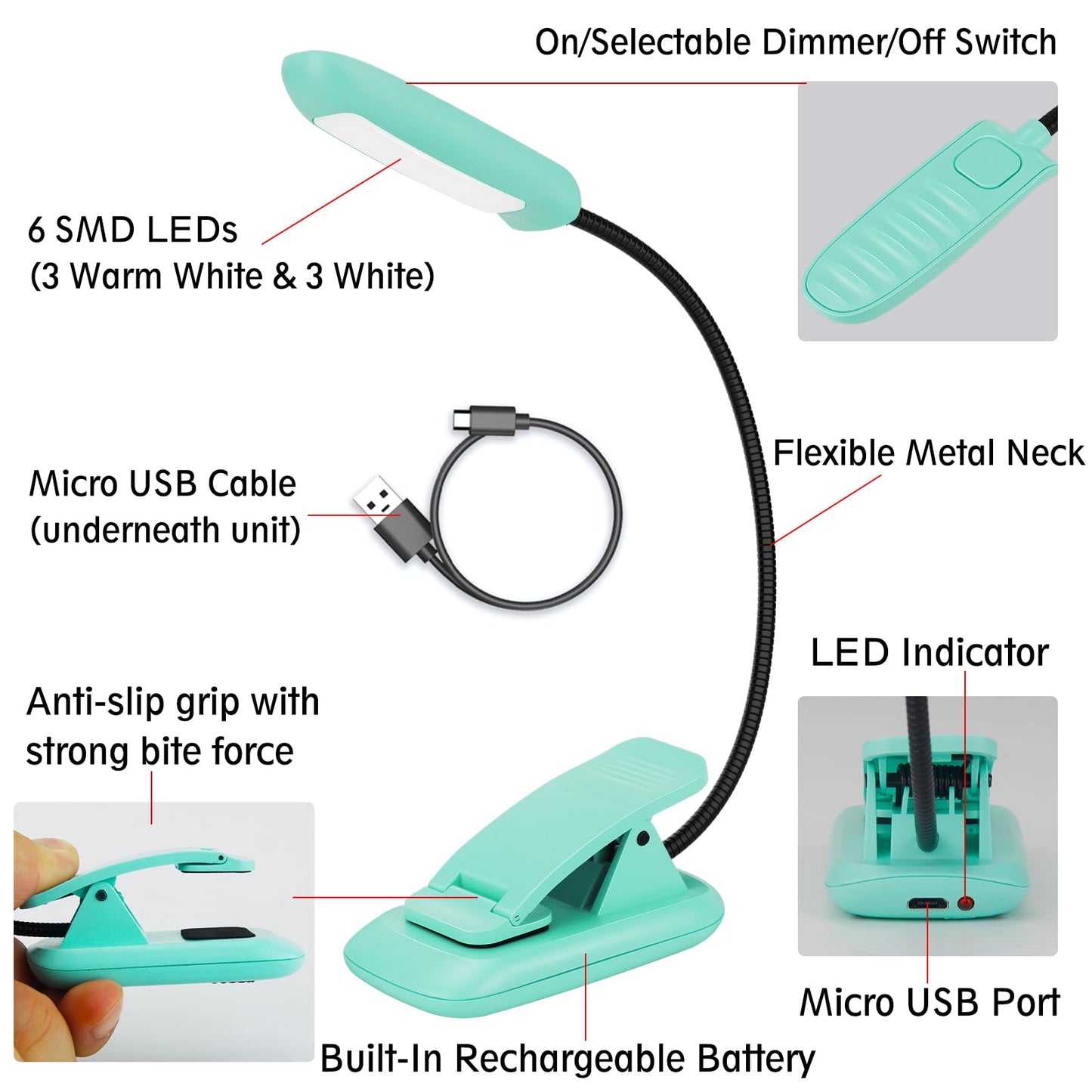 BIGMONAT Rechargeable Book Reading Light, Portable Bendable Neck, Brightness Adjustable with Eye Care Reading, Warm & White LEDs, Perfect for Kids