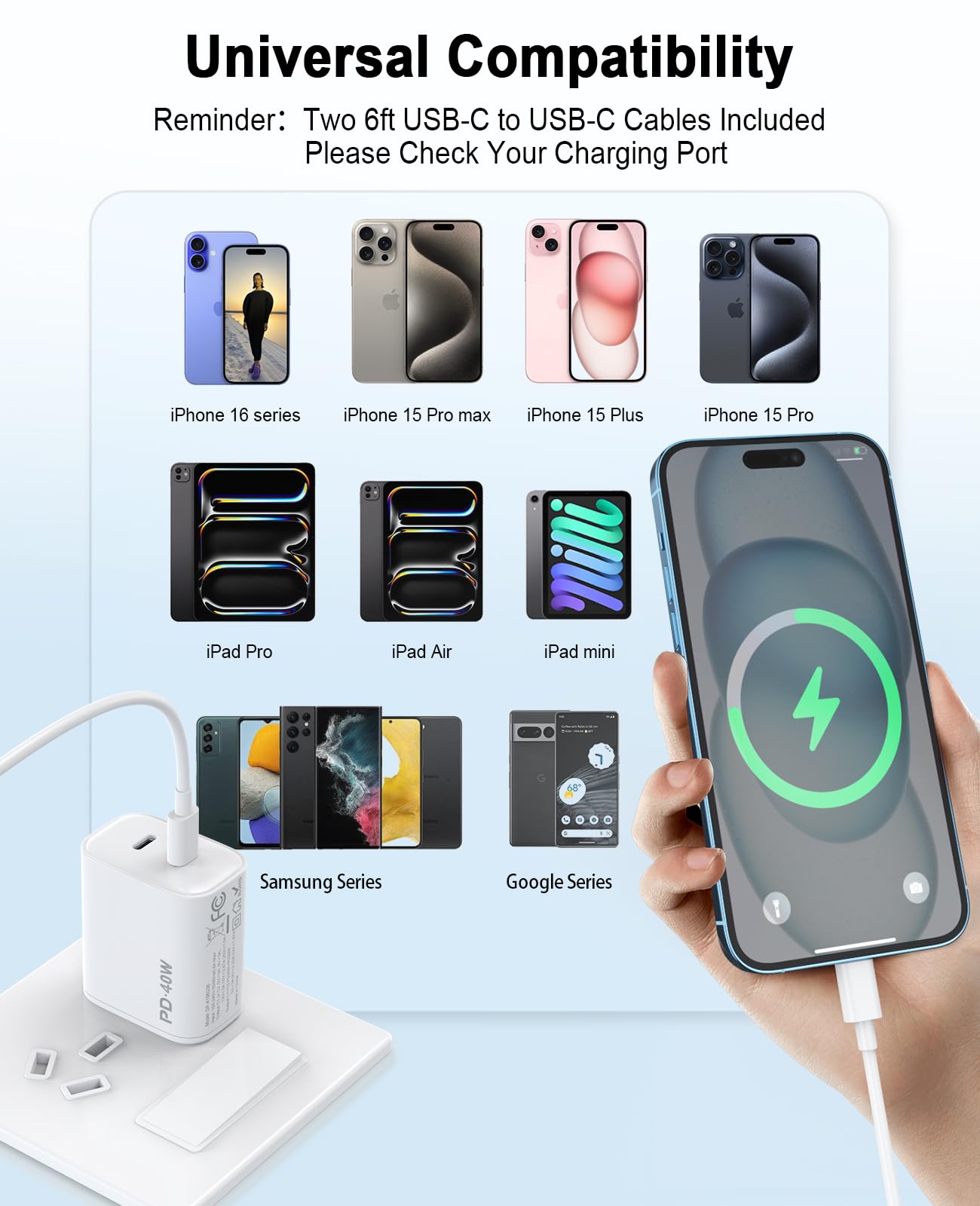 iPhone 17 16 15 Charger, 2 Pack 40W USB C Charger Dual Port Fast Charging Block (2-Pack 6 ft USB C to C Cable Cord Included) for iPhone 16 15 Pro