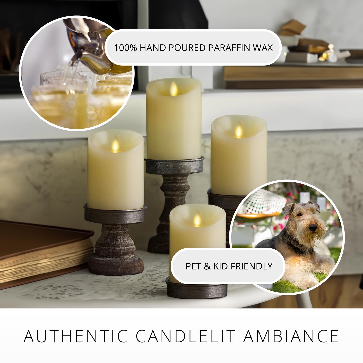 Luminara - Flameless LED Battery Operated Flickering Pillar Candles - Ivory - Pack of 4-3x4.5 - Realistic Moving Flame Real Wax Indoor/Outdoor Decor