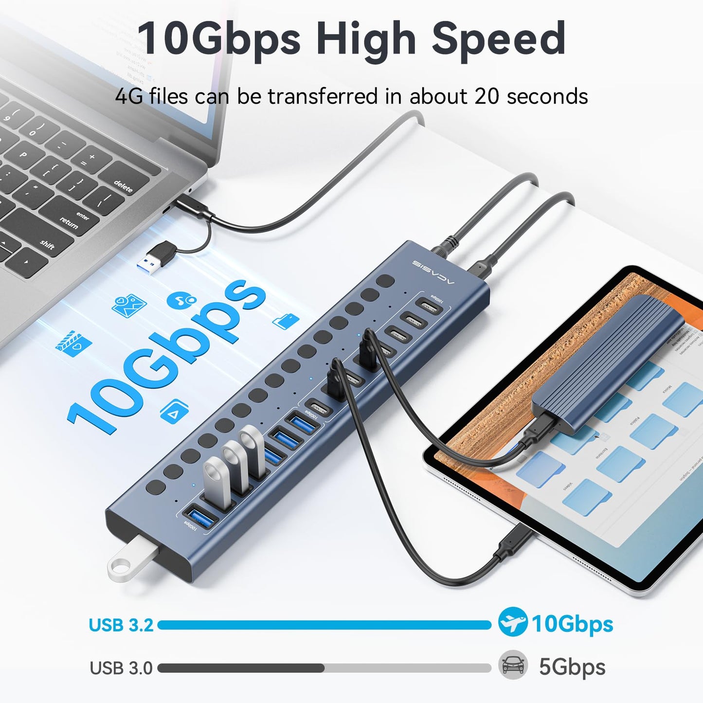 Powered USB 3.2 Hub, ACASIS 16 Ports USB 3.2 Hub(8 USB-A 3.2 Ports+8 USB-C 3.2 Ports), Aluminum USB Hub Powered with 96W Power Adapter, USB Hub