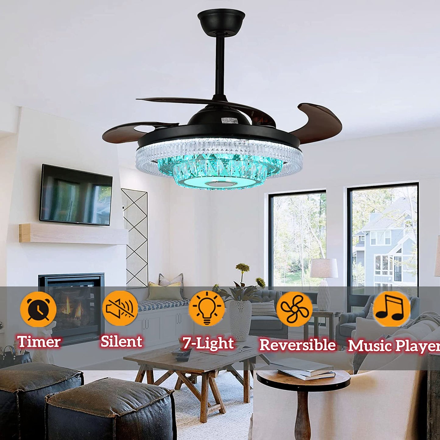 efperfect 42" Reversible Fandelier Ceiling Fan with Lights Bluetooth Speaker, Smart 7 Color Dimmable Crystal Chandelier with Remote Control, 6-Speeds
