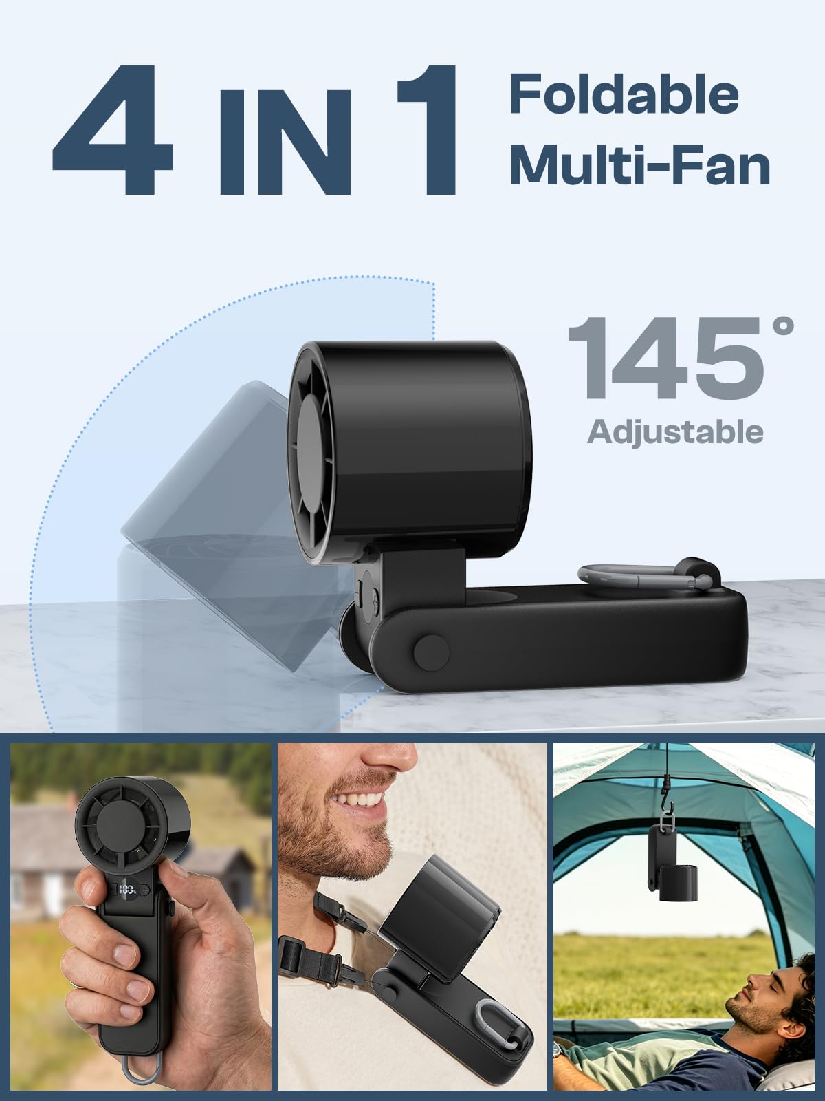 Portable Handheld Fan, 145° Foldable Turbo Fan with LED Display, 5000mAh Battery Personal Fan, 0-200 Precise Speed with 5 Presets, Wearable Neck Fan