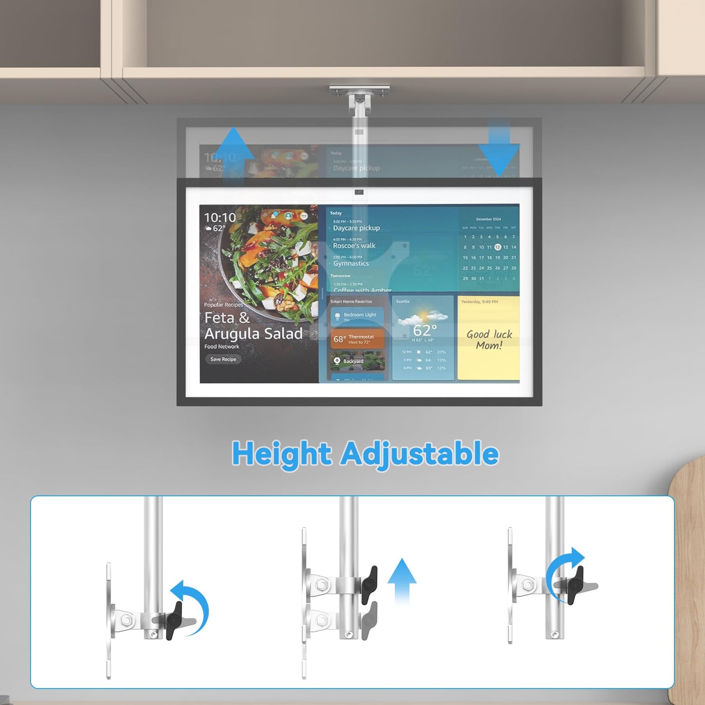 Almoz Under Cabinet Mount for Echo Show 15, Height Adjustable Stand, Wide Range of Motion, Keeps Counters Clear, Tilt and Swivel Mount for All Show 15