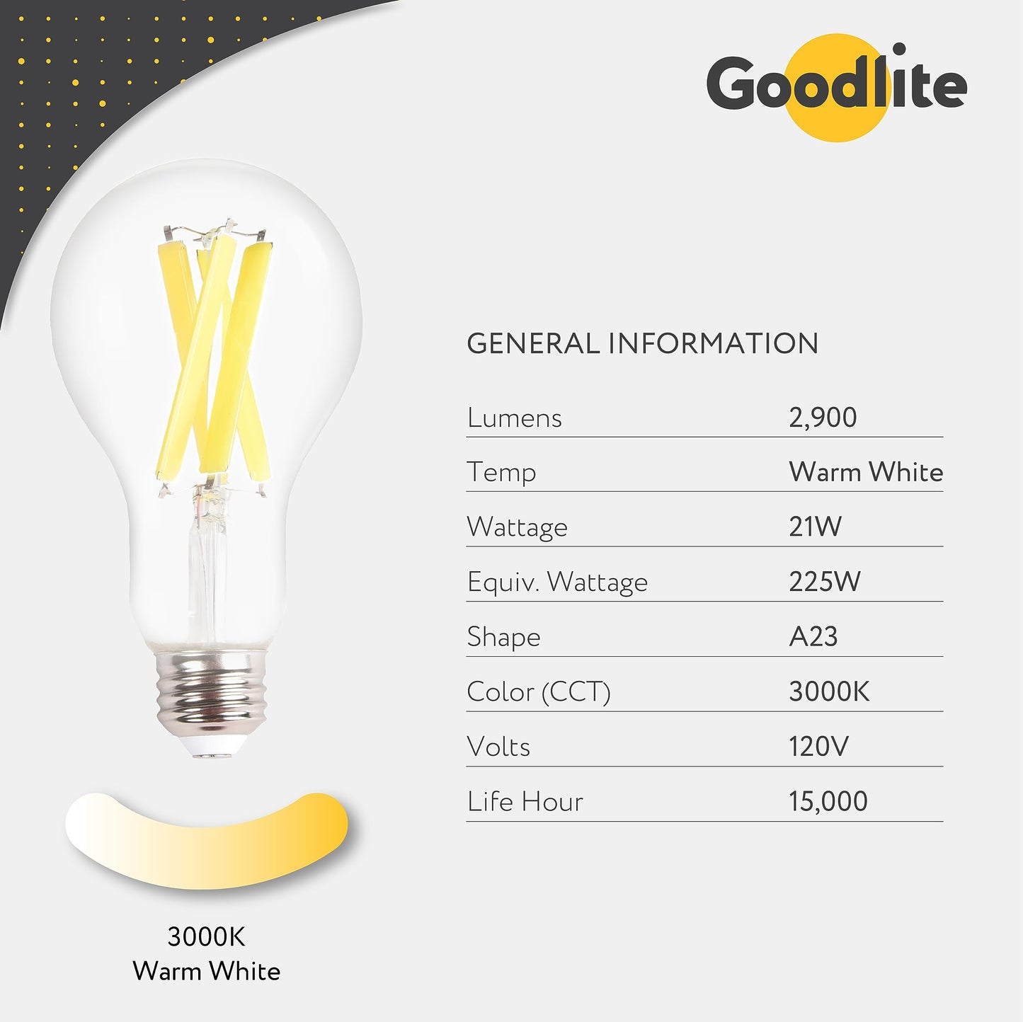 Goodlite A23 LED Filament Light Bulb 21W (Equivalent to 225W) - Dimmable, Warm White 3000K (30K), Clear Glass, E26, High Output 2900 Lumens, UL