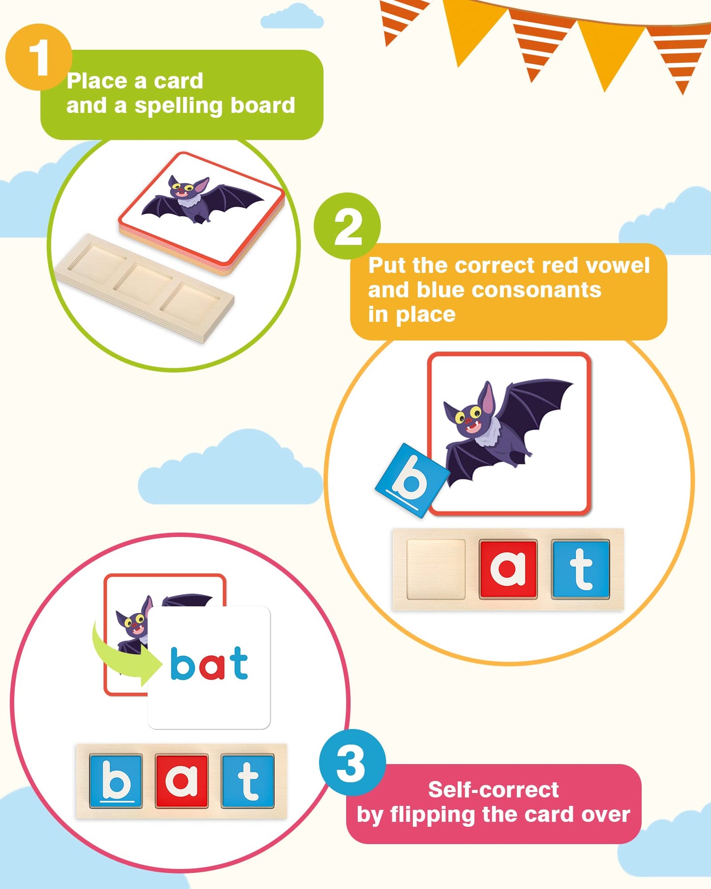 Gojmzo Wooden CVC Word Spelling Games – Montessori Learning Toy with Sight Words Flash Cards, Educational Activity for Kids Ages 3–6