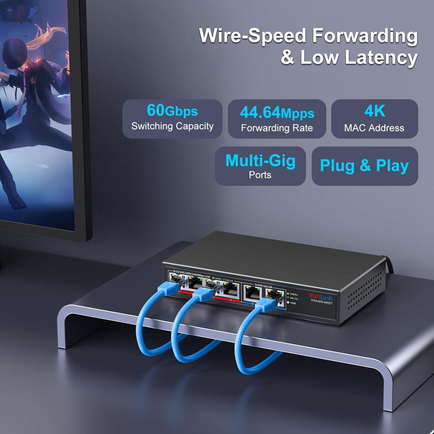 10Gb Ethernet Switch with 4 x 2.5GbE + 2 x 10GbE RJ45 Ports, VunLink 6 Port 10G/2.5G Multi-Gigabit Unmanaged Network Switch, Plug and Play, Fanless