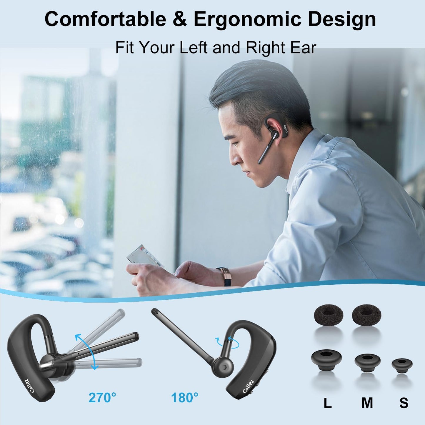 Callez Bluetooth Headset V5.0, Bluetooth Earpiece with CVC8.0 Dual Mic Noise Cancelling Wireless Headset for iPhone Android Cell Phone Trucker