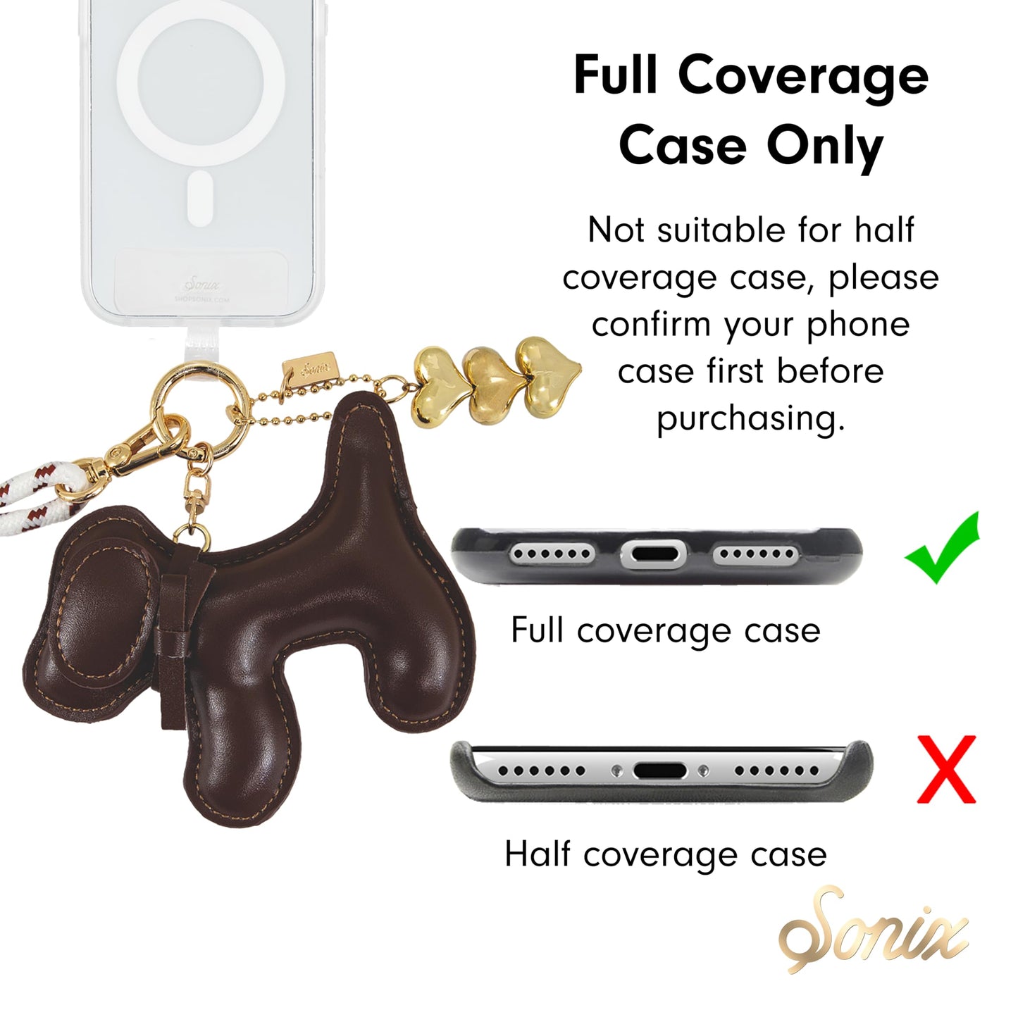 Sonix | Crossbody Phone Strap with Plush Animal Charm | Adjustable, Universal Cell Phone Rope Strap Lanyard | White Cord | Chocolate Dog
