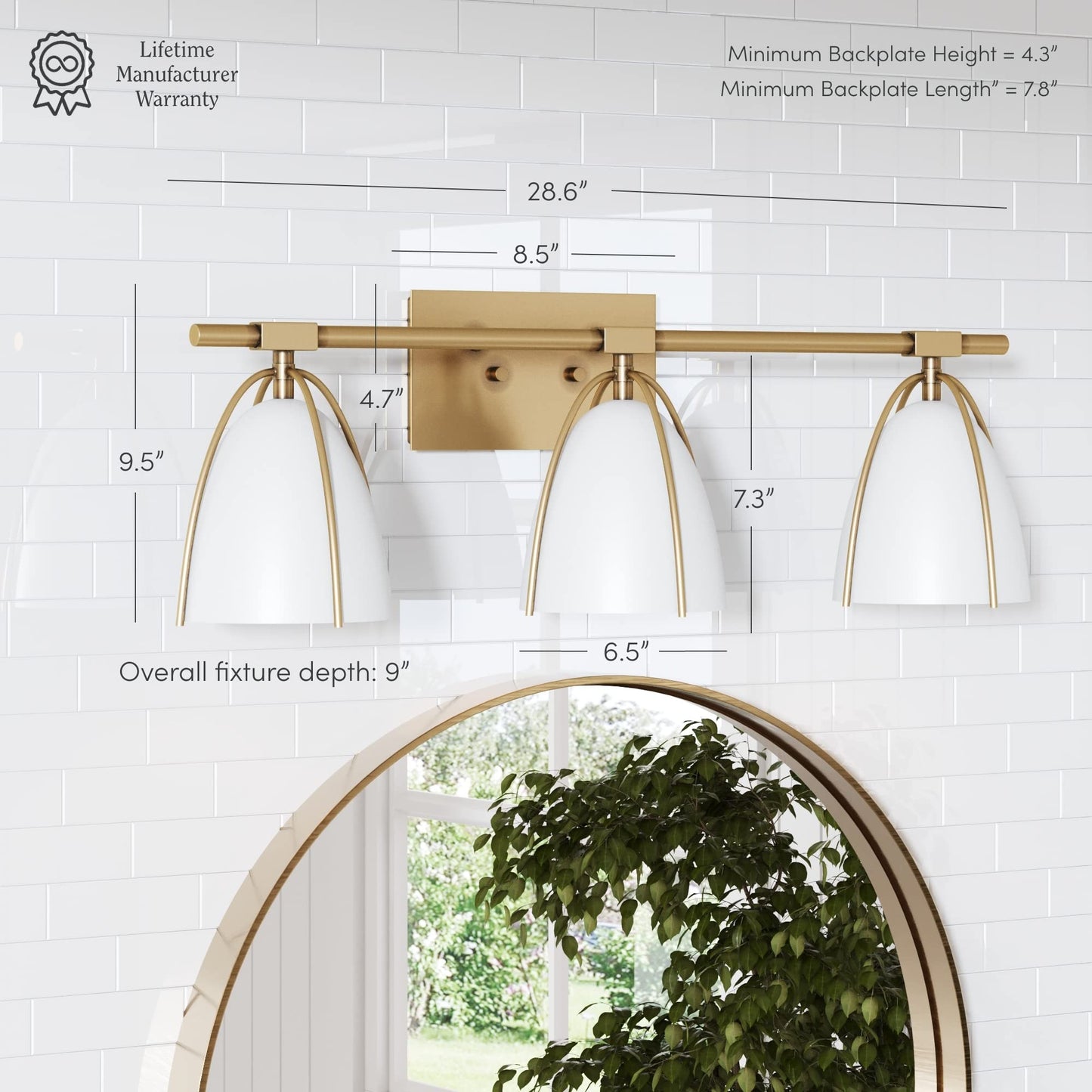Nathan James Aubrey 3-Lights Farmhouse Wall Light Fixture, Bathroom Vanity Light with Brass Metal Frame and Gold and White Cage Shades for Bathroom
