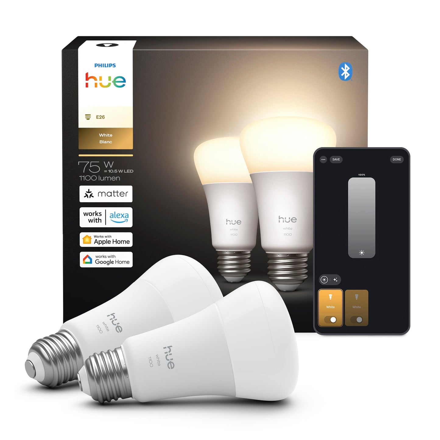 Philips Hue Smart LED A19 Bulb 2-Pack, Warm White Light 2700K, E26 Base, 10.5W, 1100 Lumens, Dimmable LED Bulbs, Works with Alexa, Google Assistant