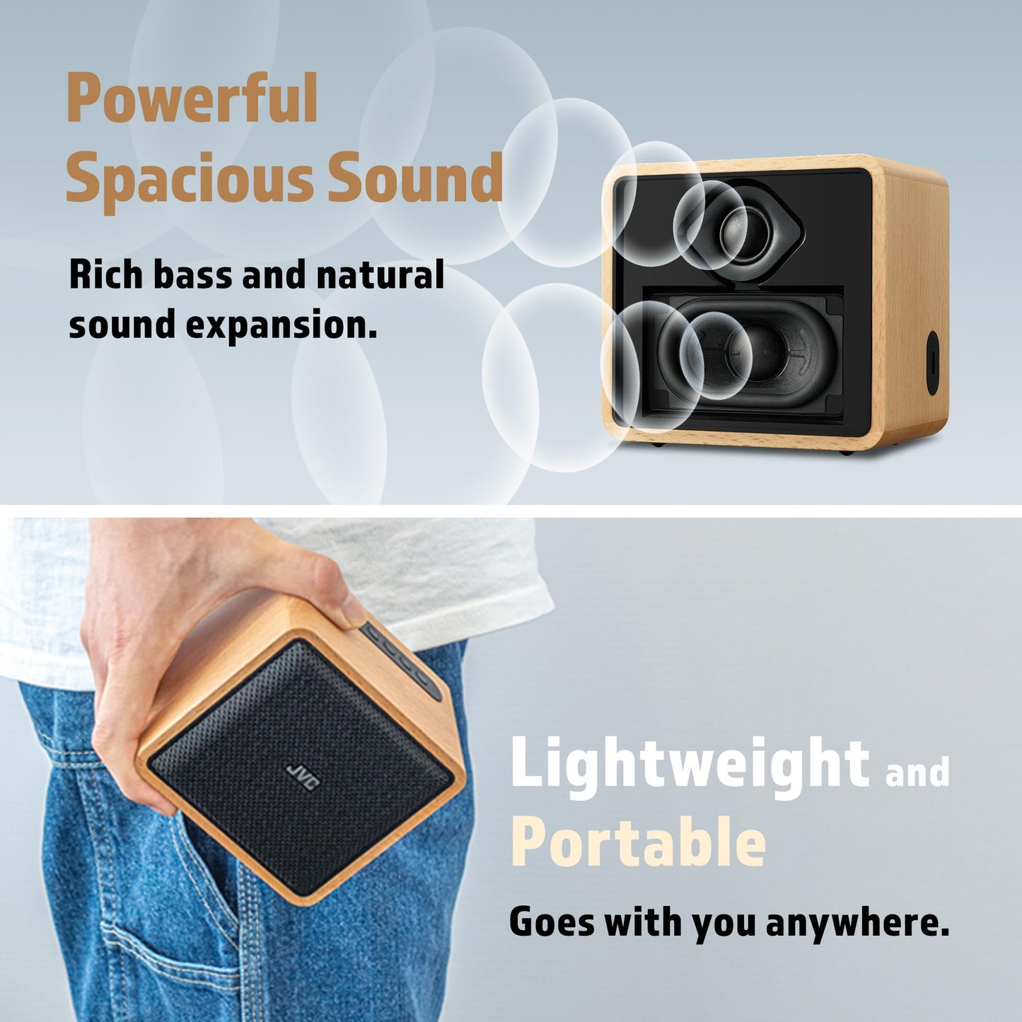 JVC Wireless Bluetooth Speaker - Retro Portable Speaker with Genuine Wood Design, Palm-Sized, Great for Travel, Home, Office use - Up to 12 Hr Battery