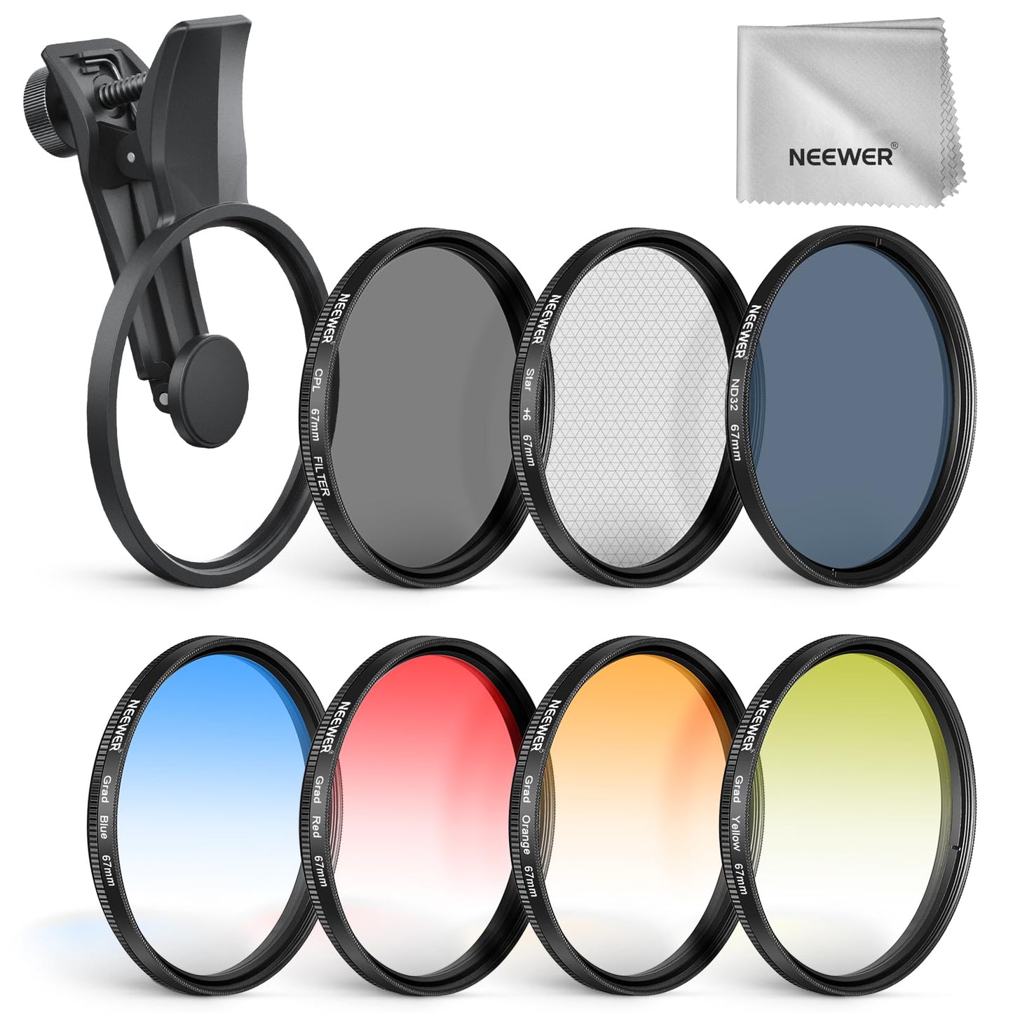 NEEWER 67mm 7 Pack ND Filter Set Compatible with Android Samsung Google Pixel Huawei Xiaomi Clip On CPL+ ND32 + Starlight + GND