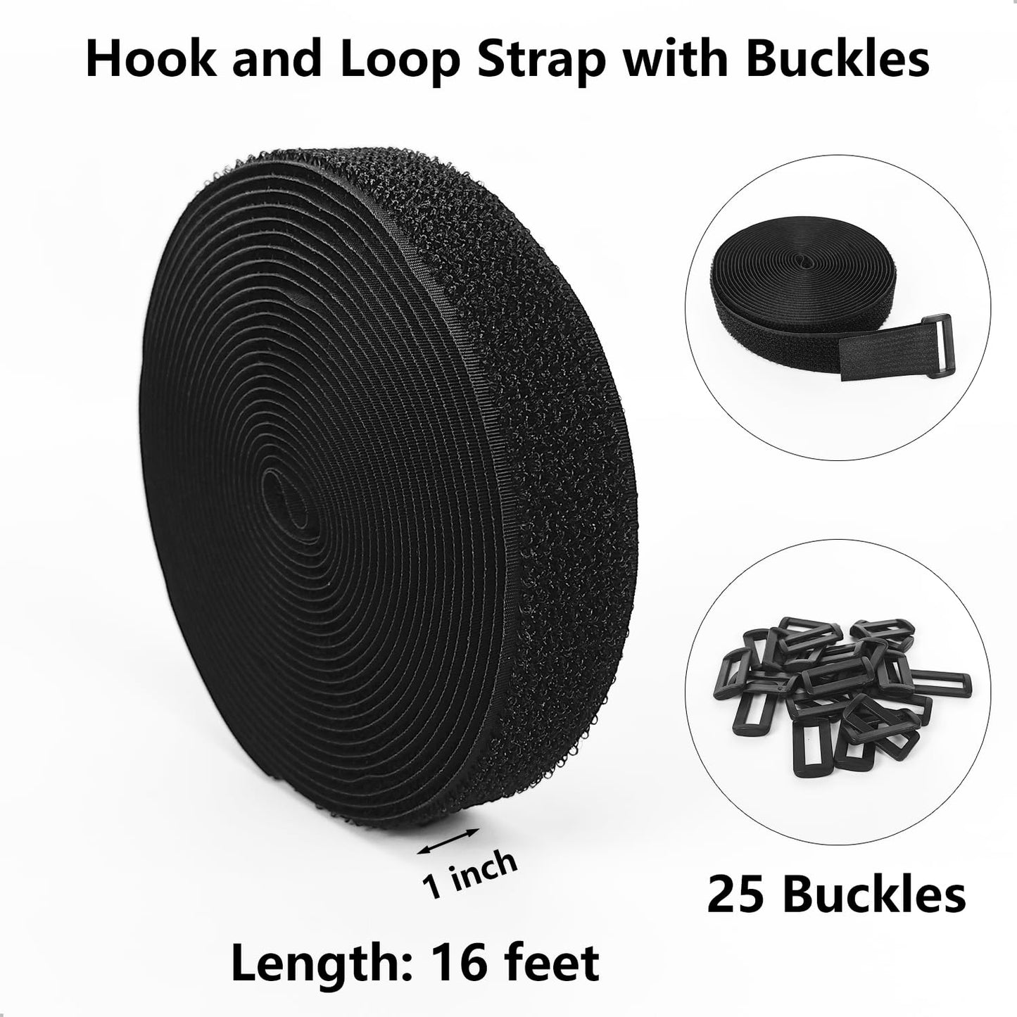 Heavy Duty Hook and Loop Straps - 16' Long, 25 Buckles, Cut to Length, Reusable Cord Straps for Storage and Organization