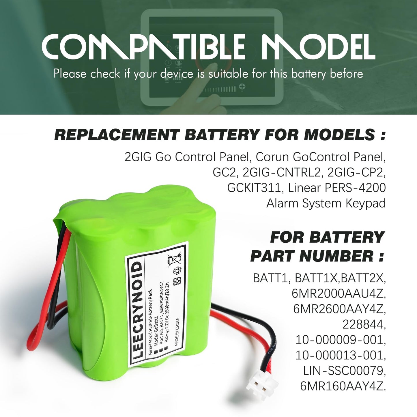 LeeCrynoid BATT1 7.2V 2800mAh Ni-MH Replacement Battery for Control Panel Security System Alarm Battery Compatible with BATT1X BATT2X 6MR2000AAY4Z