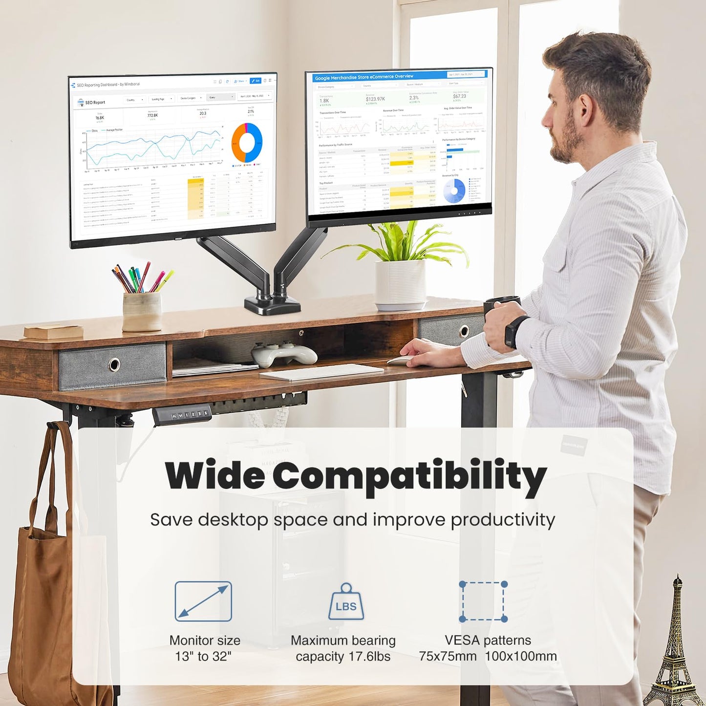 DUMOS Dual Monitor Stand for Desk, Gas Spring Monitor Arm for 2 Monitors Max 32 Inches, Fully Adjustable Double Monitor Mount, VESA Mount