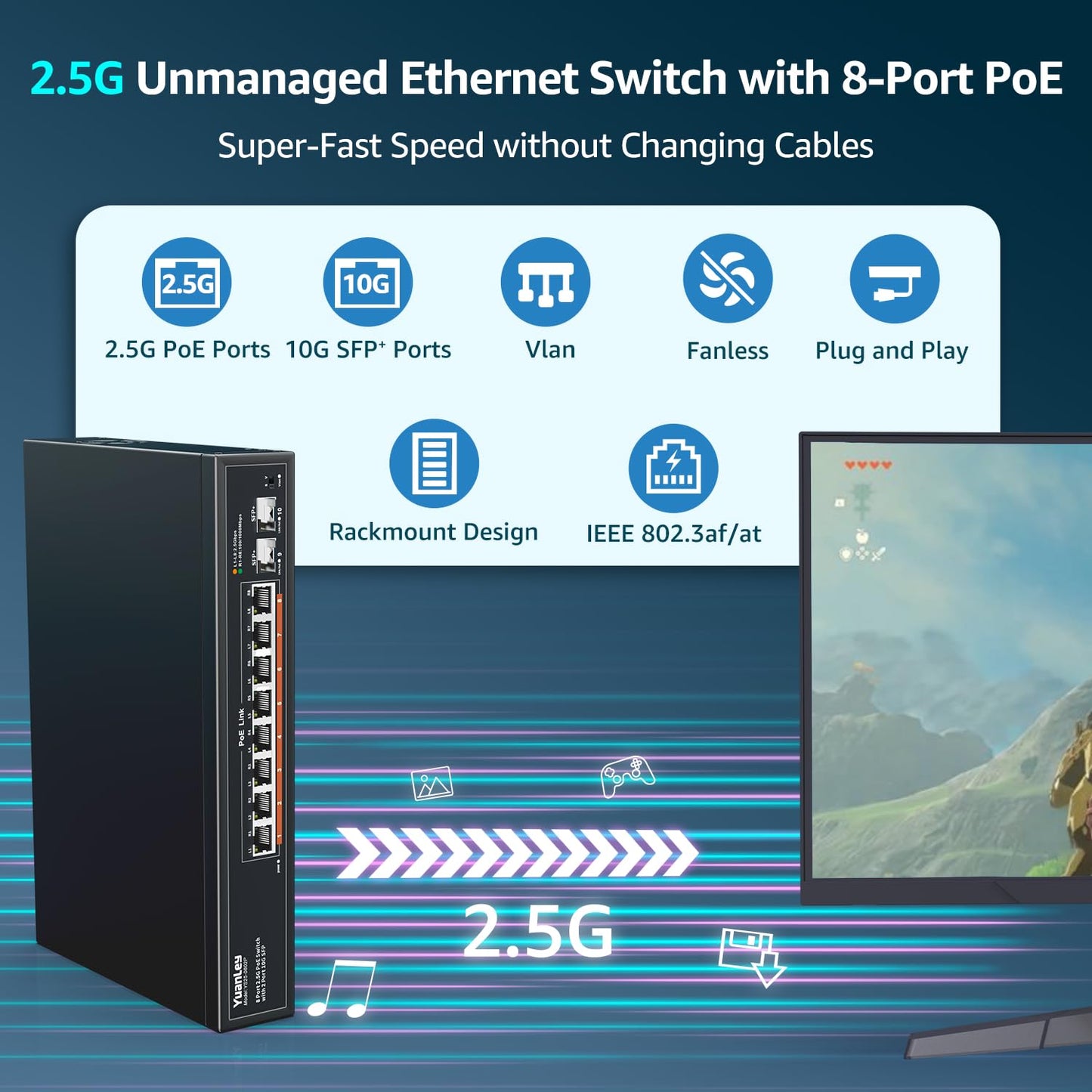 YuanLey 10 Port 2.5G PoE Switch Unmanaged, 8 x 2.5G Base-T PoE Ports, 2 x 10G SFP, IEEE802.3af/at, 120W, Compatible with 100/1000/2500Mbps, Metal