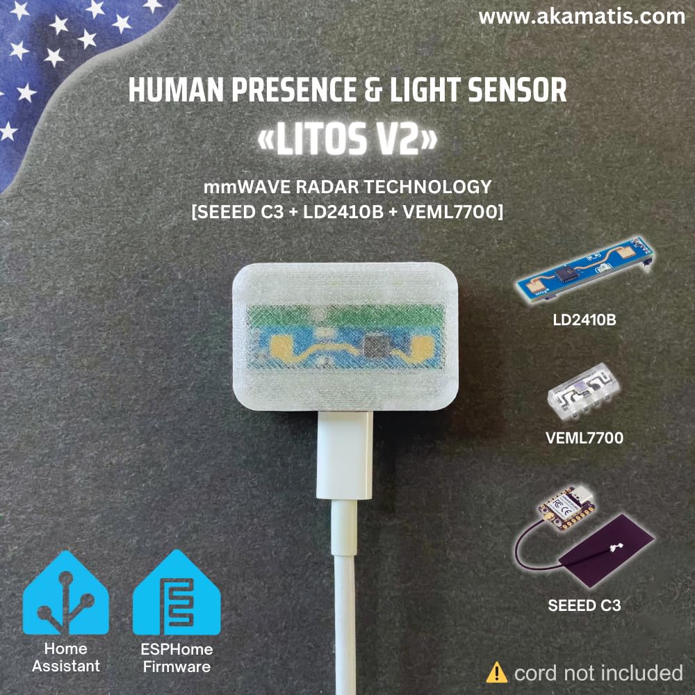 AKAMATIS Human Presence & Light Sensor Litos v2 for Home Assistant, 2.4 GHz WiFi (Seeed C3 with External Antenna + LD2410B + VEML7700)