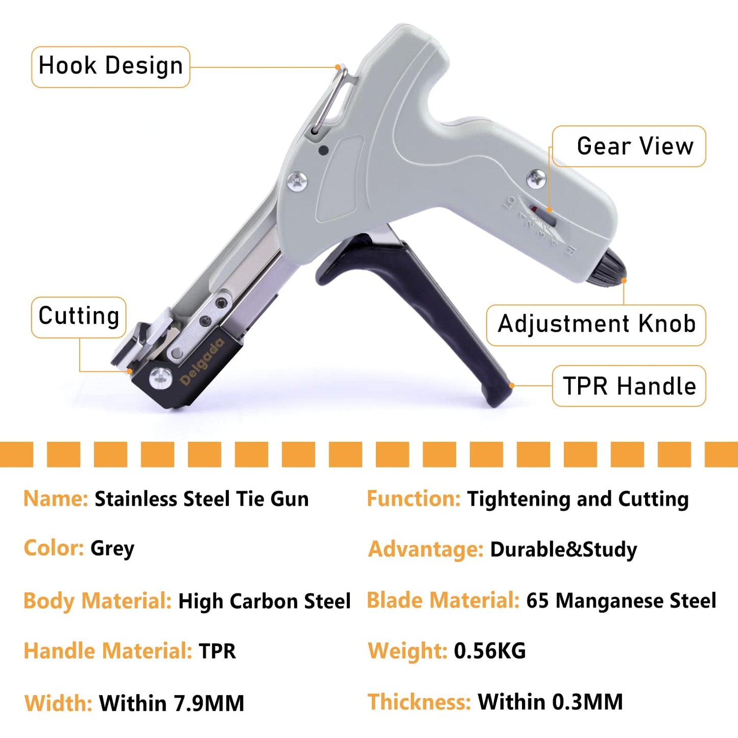 Delgada Metal Cable Tie Gun for Stainless Steel Ties, Professional Automatic Tightening Cutting Ratchet Tie Clamp,4-level Adjustable Fastening Tie