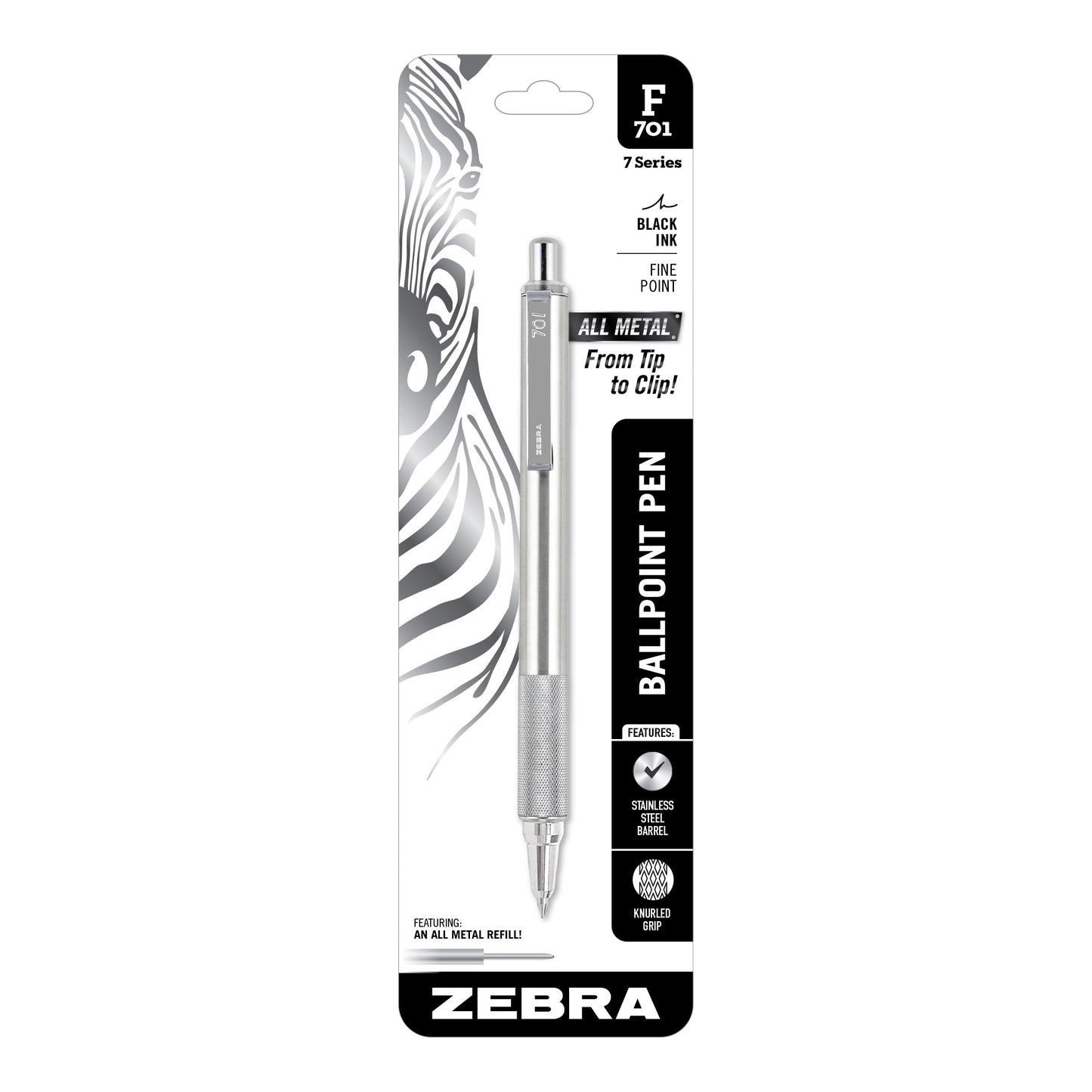 Zebra Pen F-701 Ballpoint Black Ink Fine Point 0.8mm Pen, Heavy Duty, Durable Stainless Steel Barrel, Knurled Grip, Silent Retractable Plunger, Ideal
