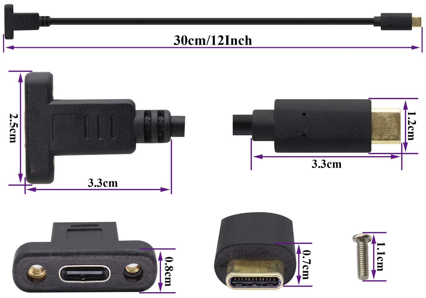 AAOTOKK USB Type C 3.1Panel Mount Adapter Cable USB-C 3.1 Gen2 10Gbps Male to USB C Female Panel Mount Screw Cable,Supports Charging,Data,Audio,Video