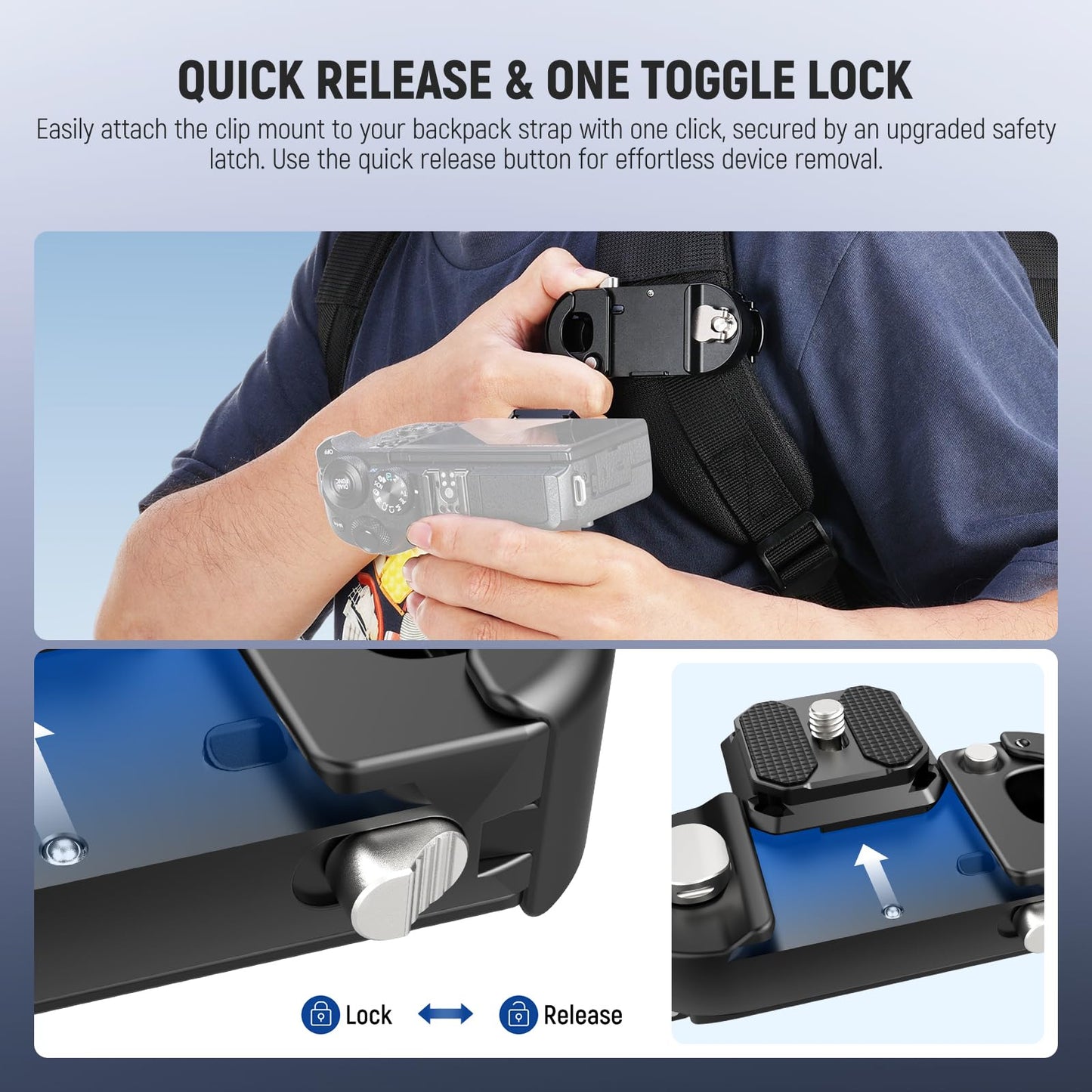 NEEWER Backpack Camera Clip Mount with Square QR Plate, Upgraded Safety Latch, Quick Release Camera Belt Clip Backpack Strap Compatible with PD QR