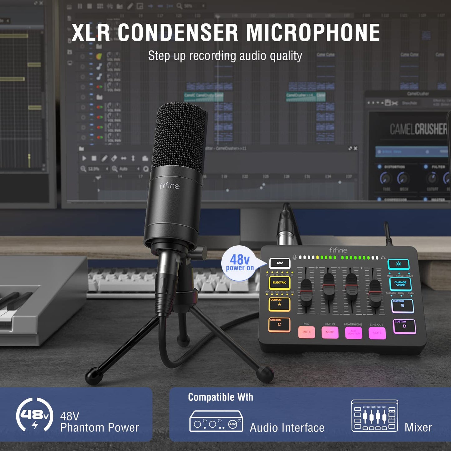 FIFINE XLR Microphone, Condenser Podcast Mic for Recording, Vocal, Voice-Over Streaming, Podcast, Singing, Cardioid Studio Microphone, Metal Material
