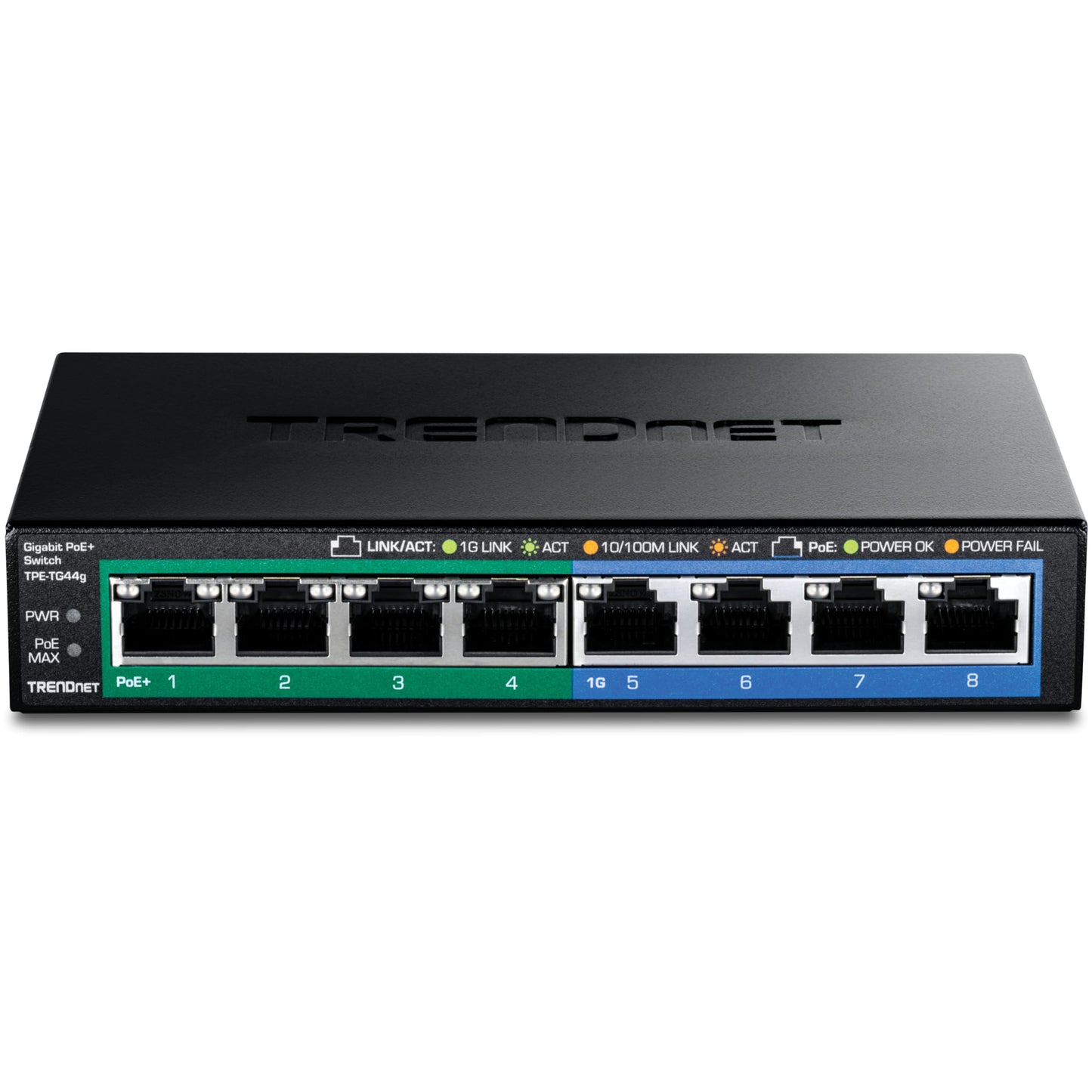 TRENDnet 8-Port Gigabit GREENnet PoE+ Switch, TPE-TG44G, 4 x Gigabit PoE/PoE+ Up to 30 W/Port, 4 x Gigabit, 61 W Power Budget, 16 Gbps Switch