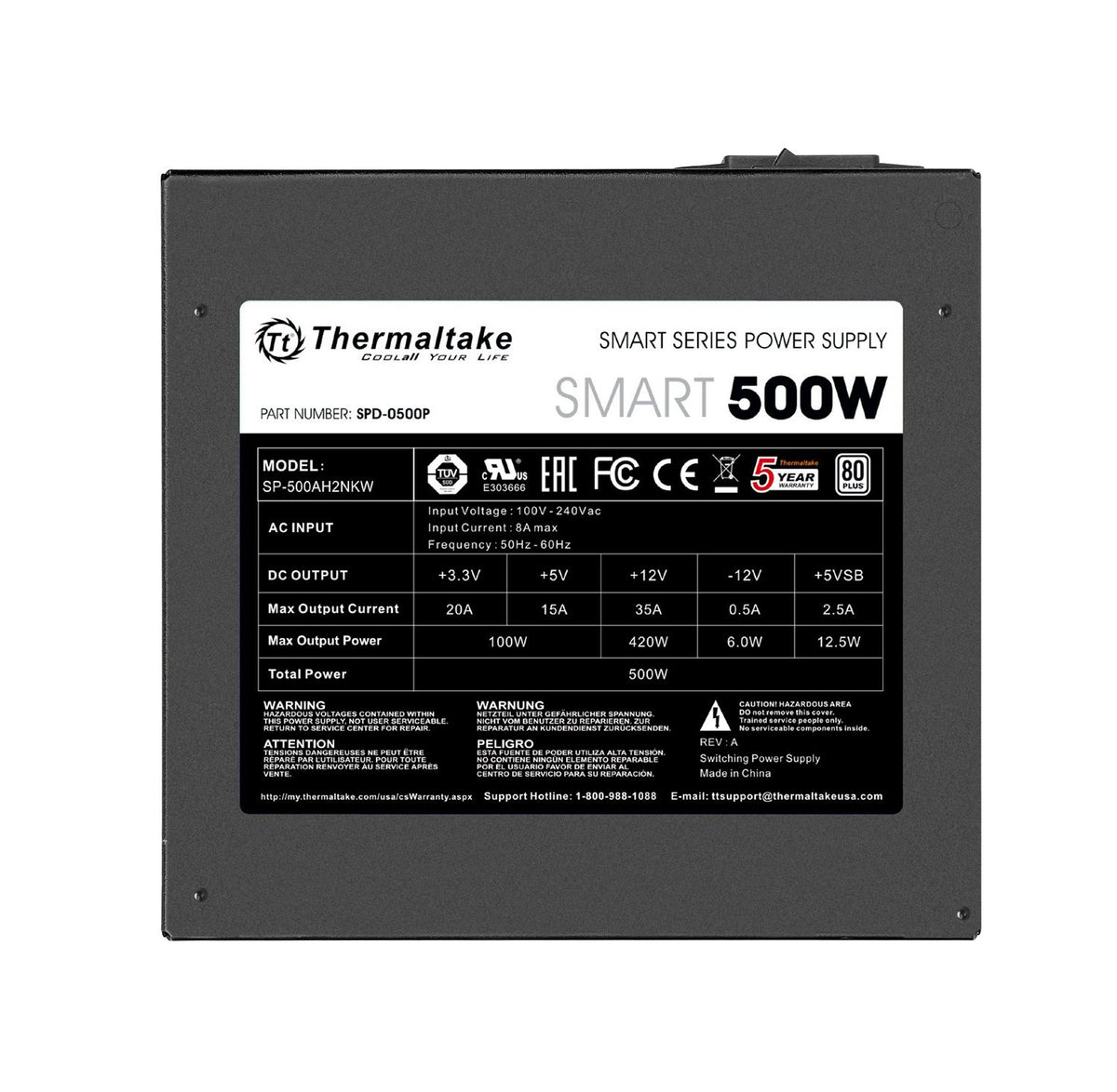 Thermaltake Smart 500W 80+ White Certified PSU, Continuous Power with 120mm Ultra Quiet Cooling Fan, ATX 12V V2.3/EPS 12V Active PFC Power Supply