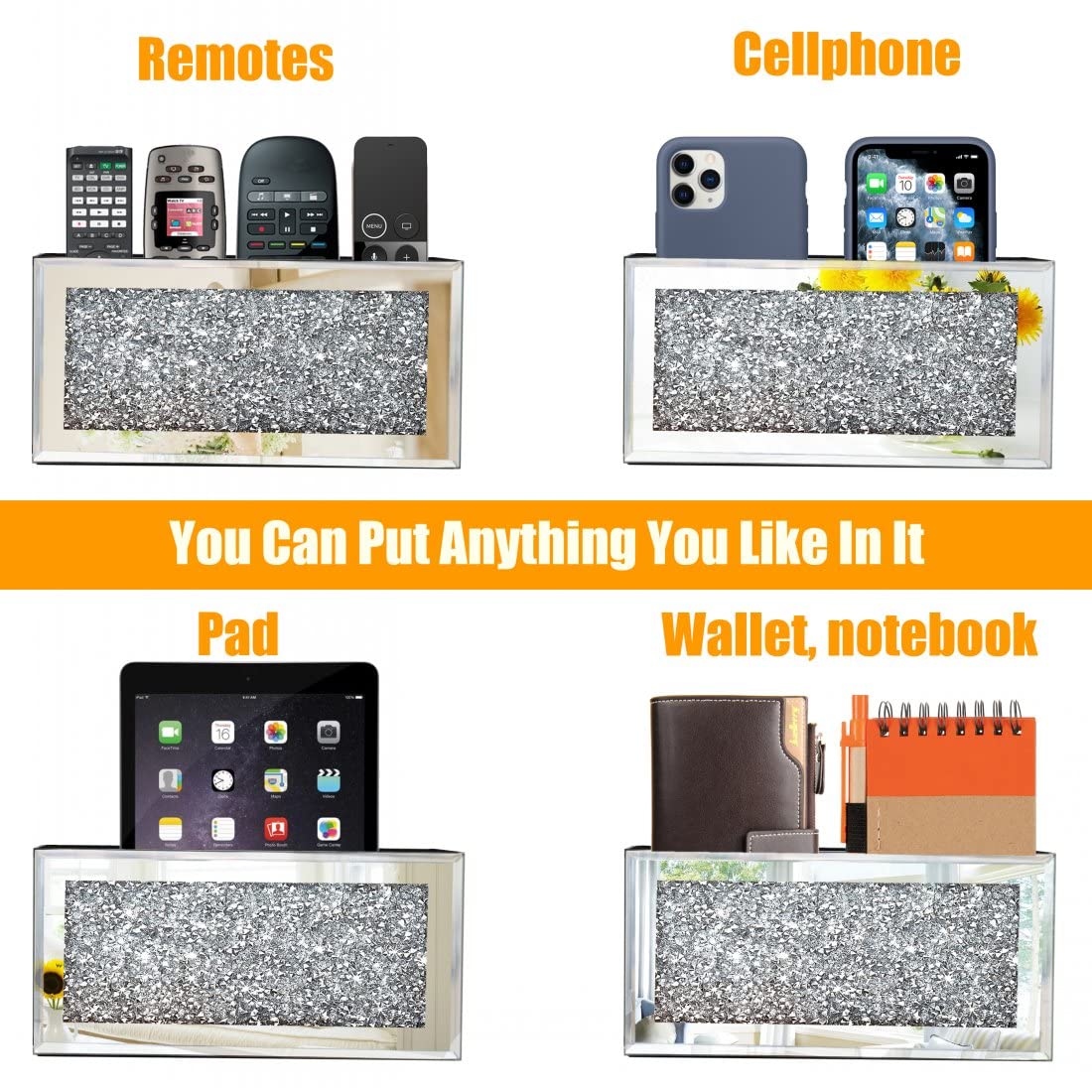 GOTHICO Mirrored Remote Holder, Wall Mounted Crush Diamond Bling Decoration Organizer Storage Box for Remote Phone Pad Wallet Notebook (8.3"×2.5"×4"
